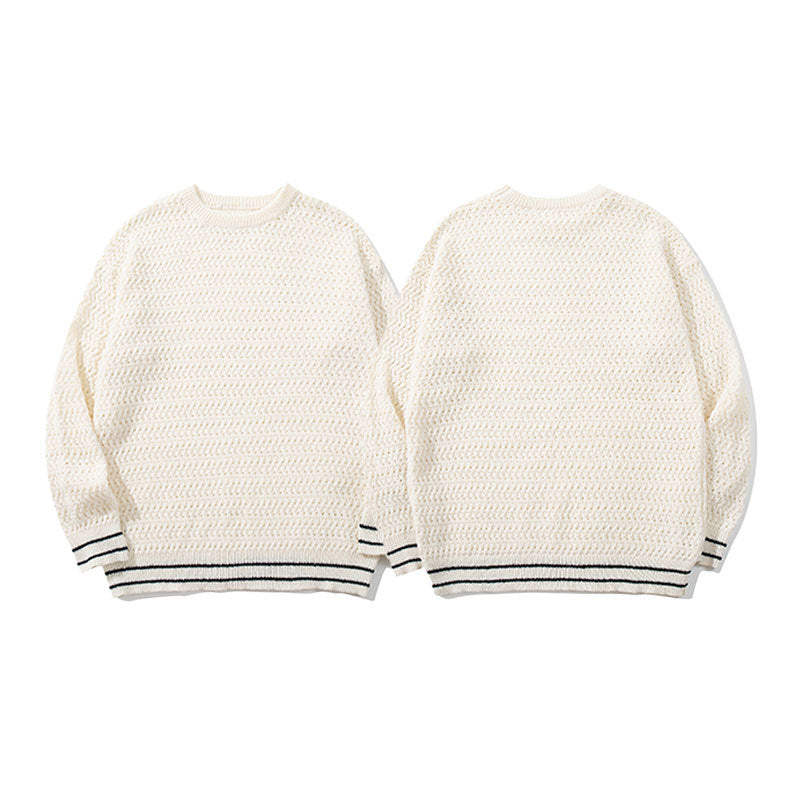Style Solid Color Round Neck Hollow Knit Sweater Unisex Long Sleeve Loose Fit Casual Pullover
