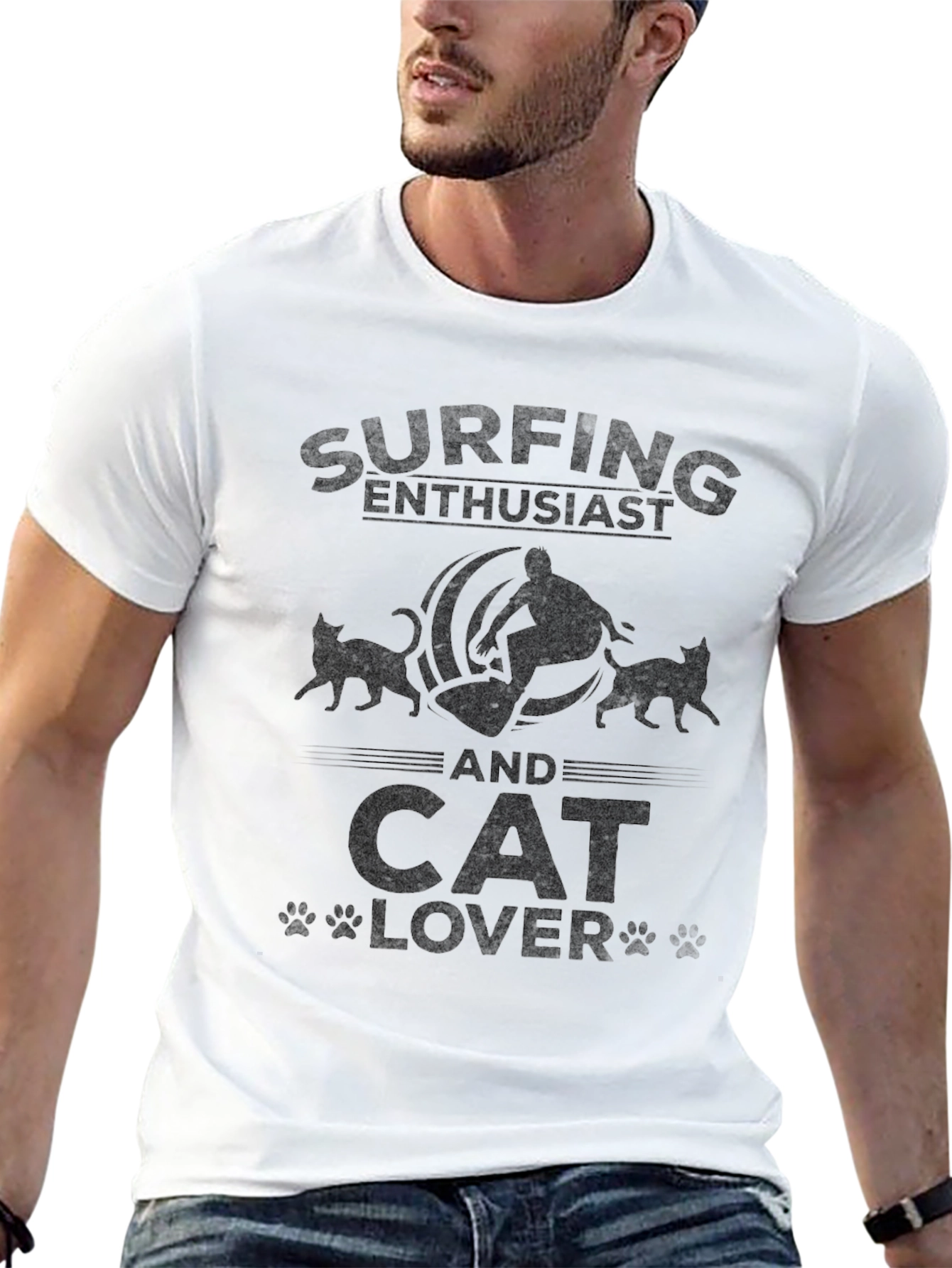 Surfing and Cat Lover Black T-Shirt