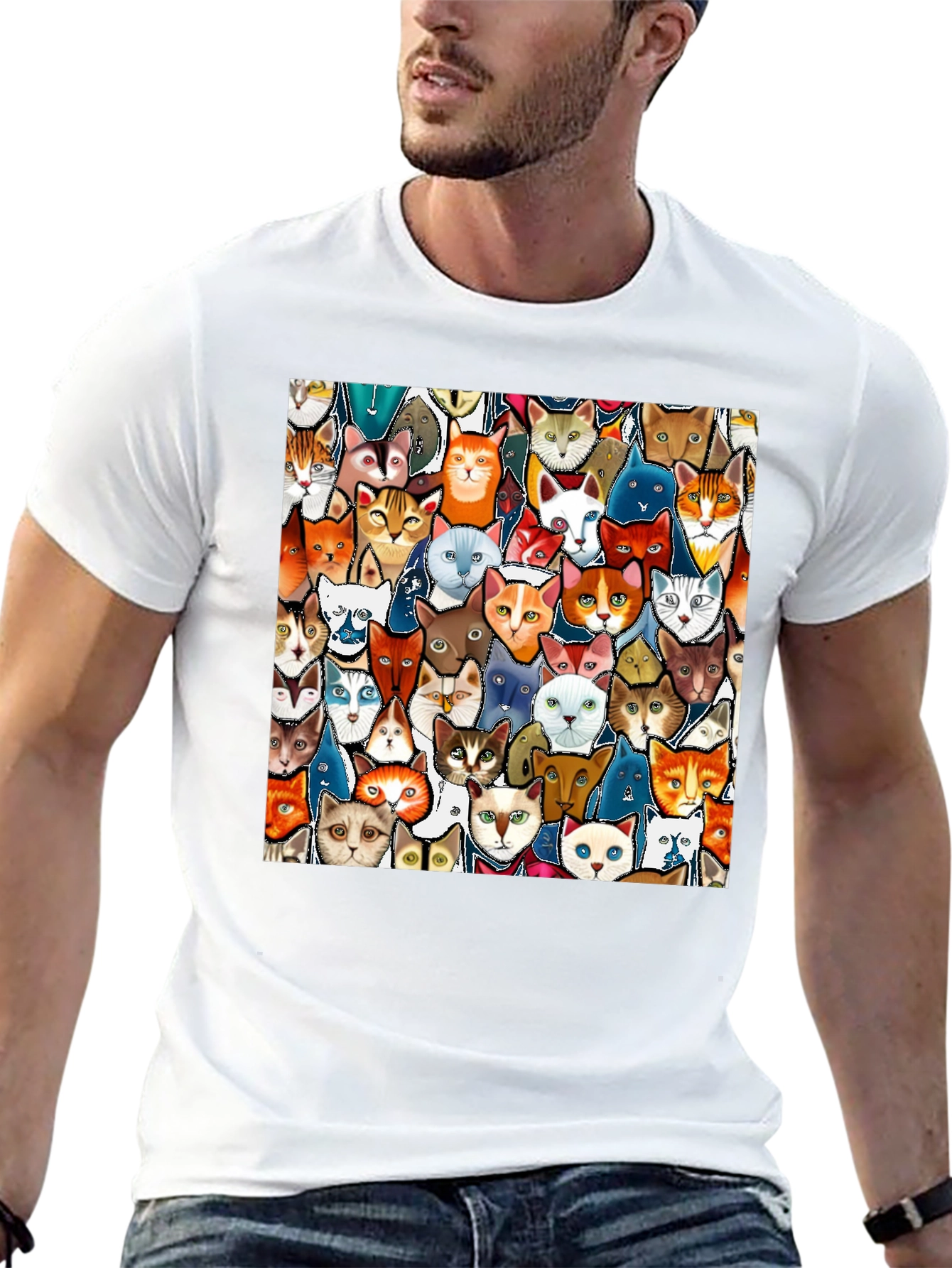 Cat Faces Graphic Print Mens Black T-Shirt