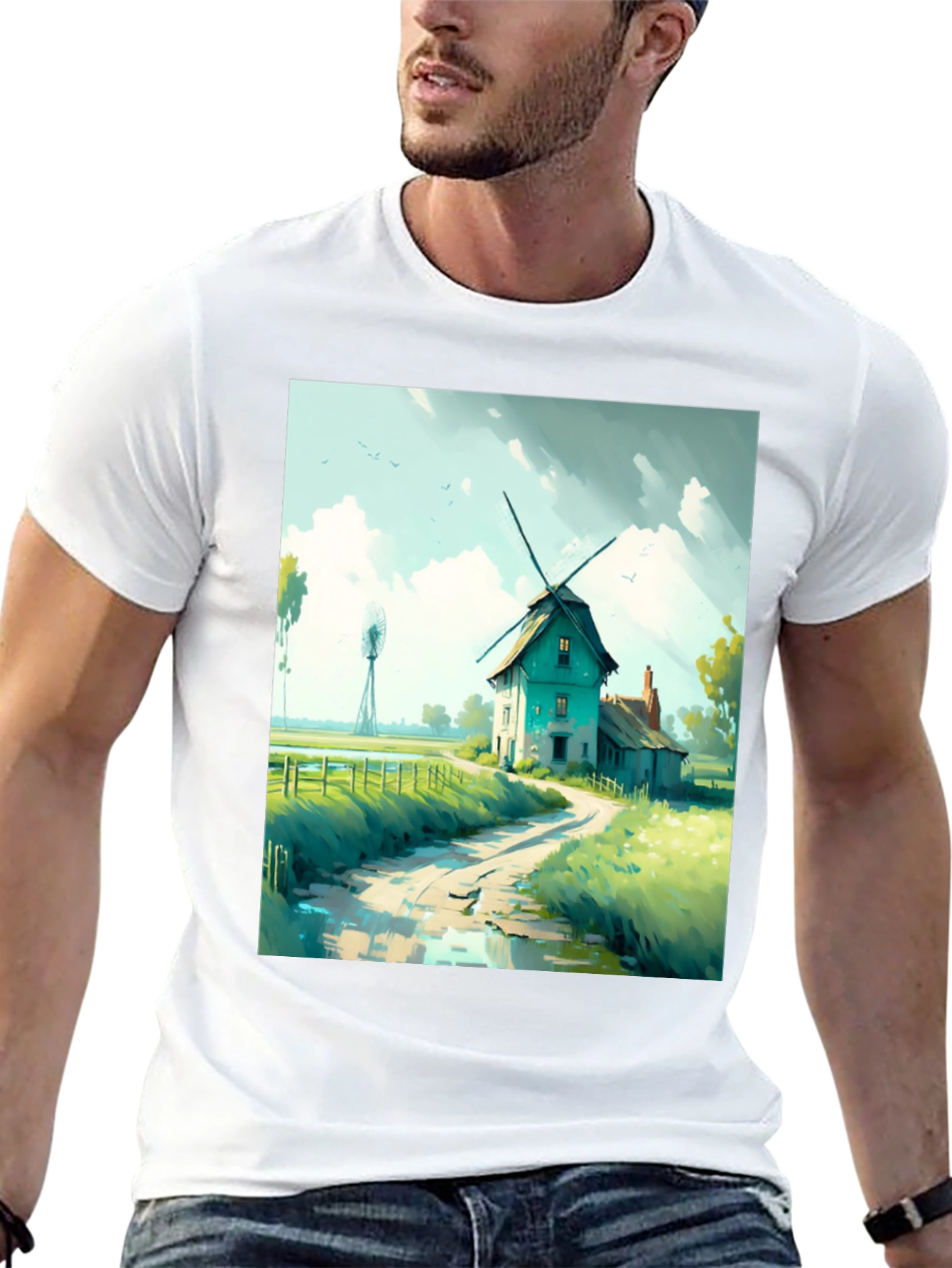 Windmill Landscape Graphic Tee - Black Cotton Blend