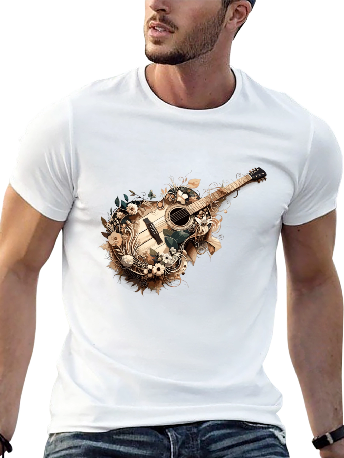 Floral Guitar Graphic Tee - Stylish Black T-Shirt