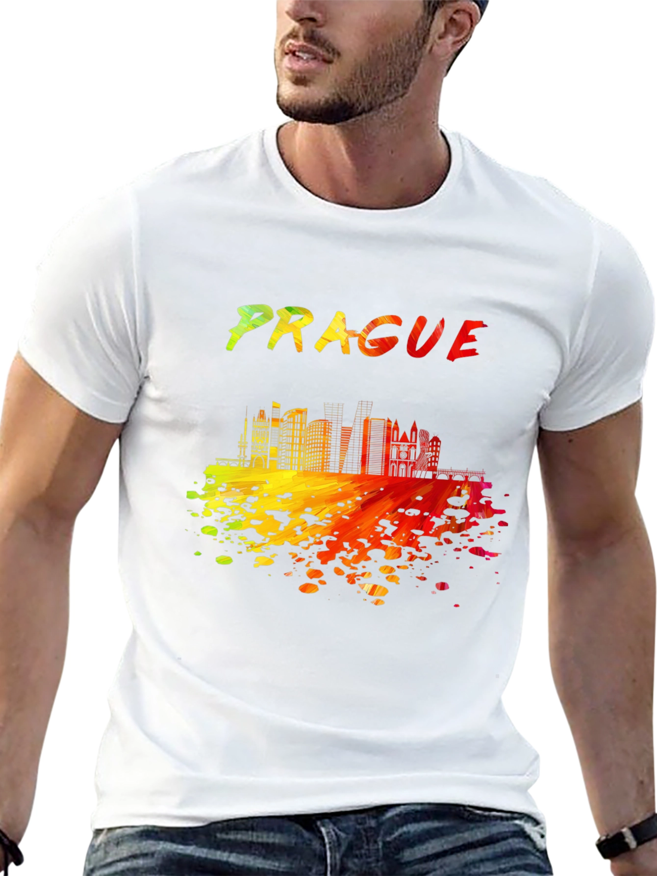 Prague Skyline Mens Black Graphic T-Shirt