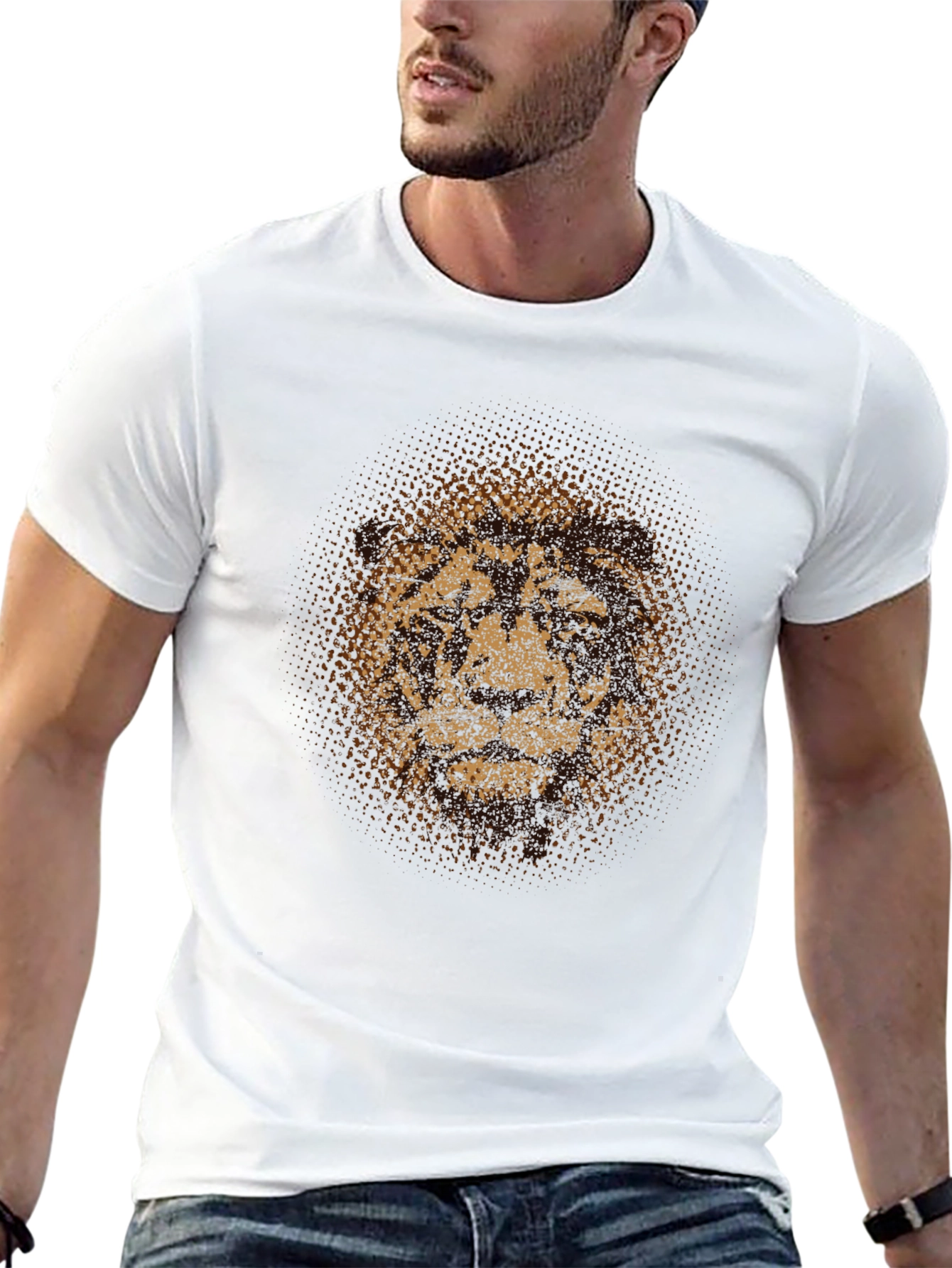 Lion Face Graphic Print Crew Neck T-Shirt