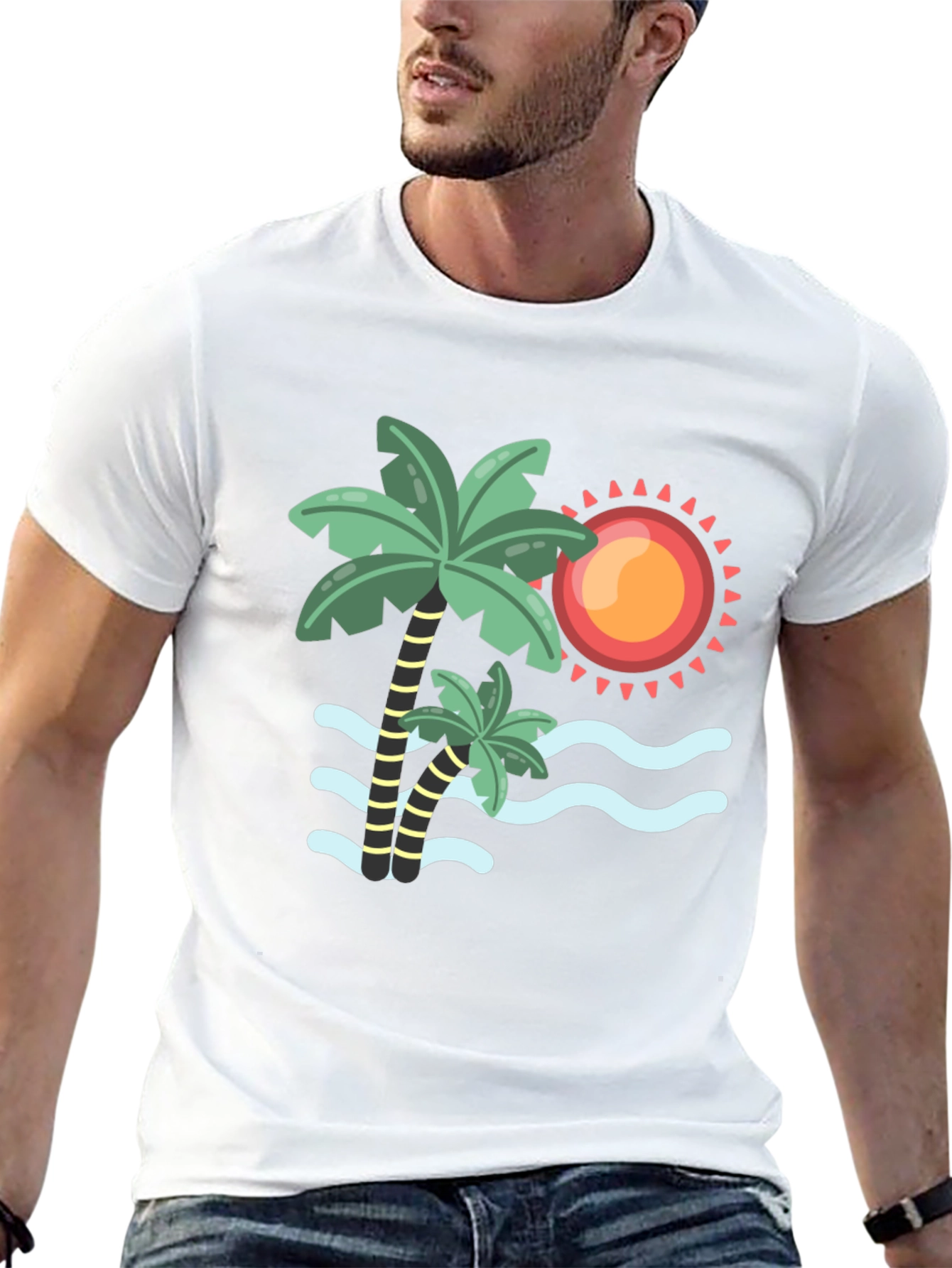 Tropical Palm Tree & Sun Graphic Tee - Black