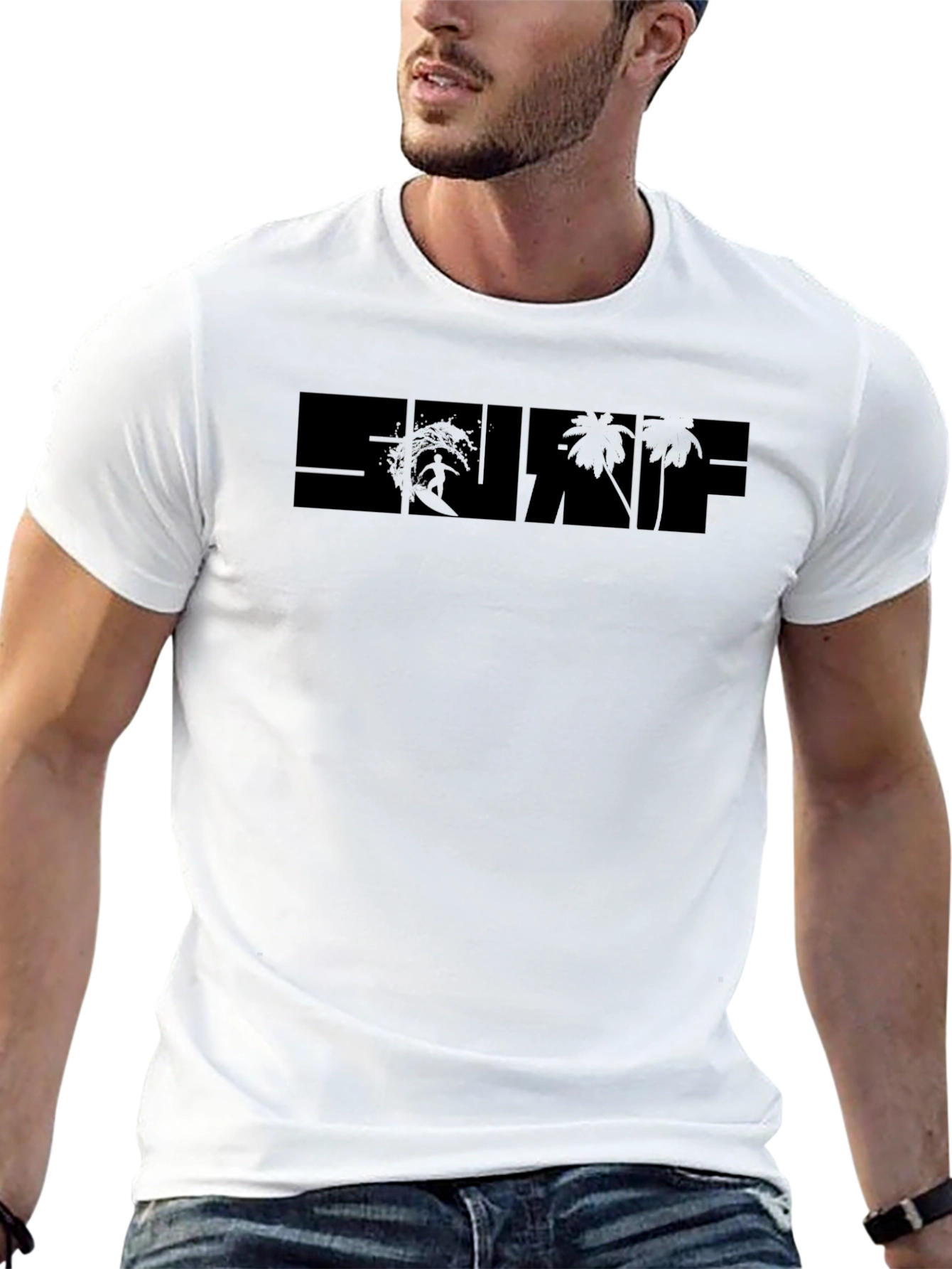 Surf Graphic Black T-Shirt - Tropical Beach Design