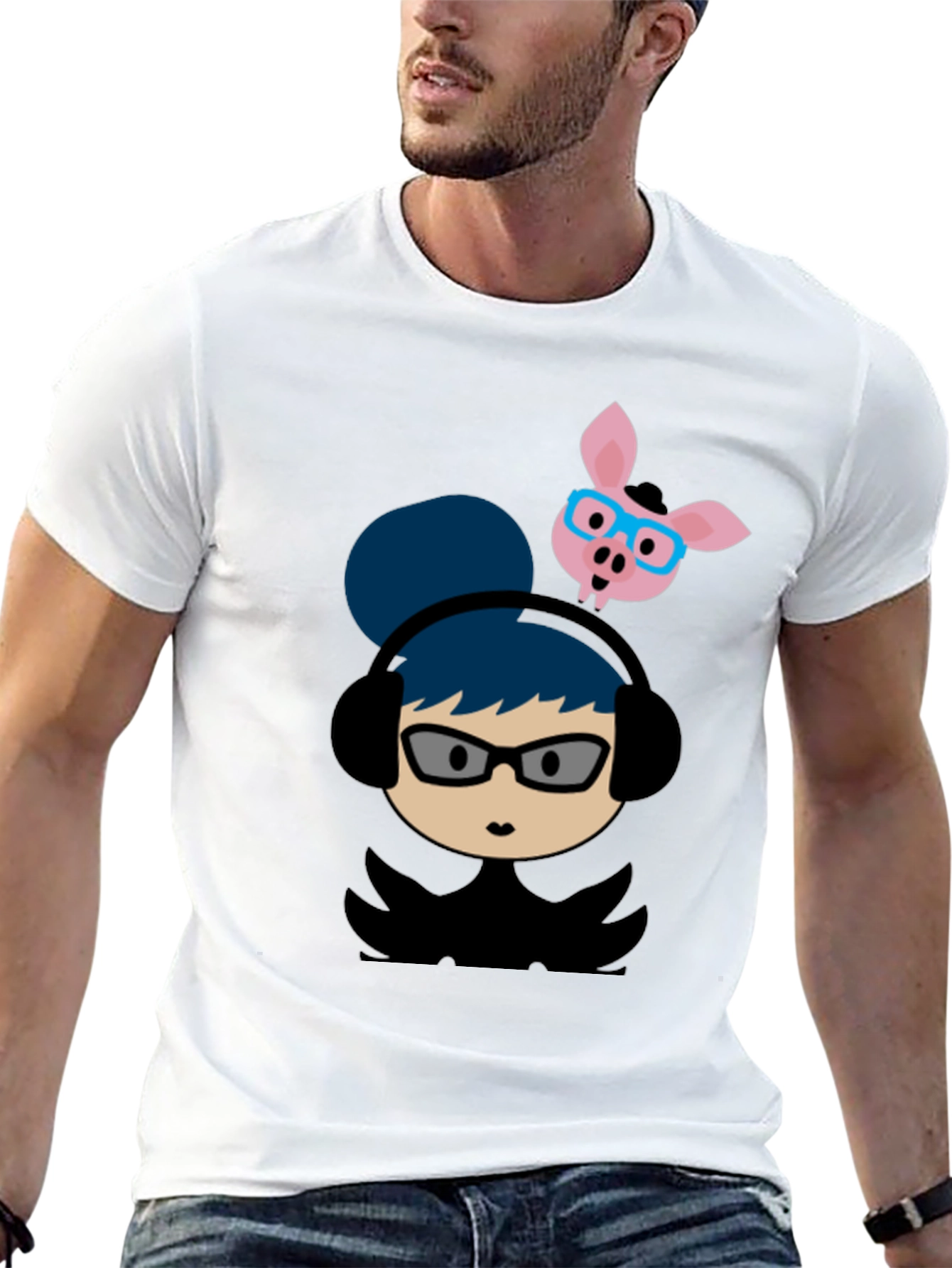 Quirky Cartoon Tee - Girl with Headphones & Pig