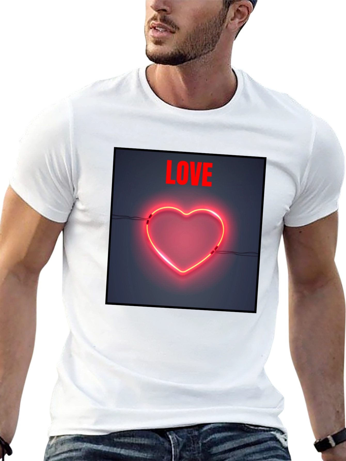 Neon Heart Love Graphic Tee - Black Cotton Casual