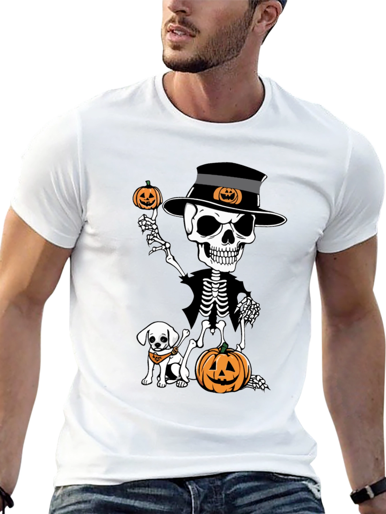 Halloween Skeleton Dog & Pumpkin Graphic Tee