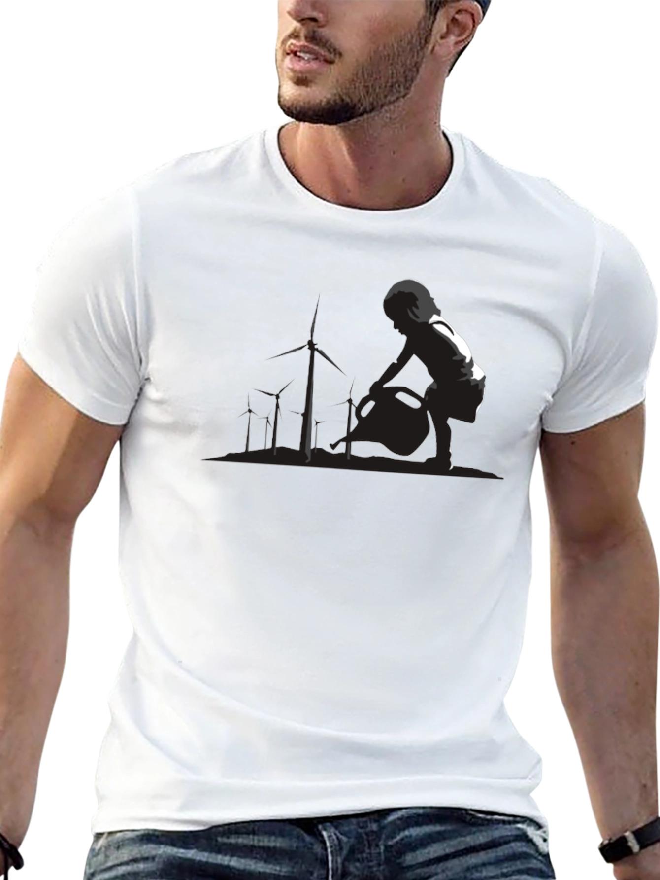Modern Black T-Shirt with Wind Turbine Graphic