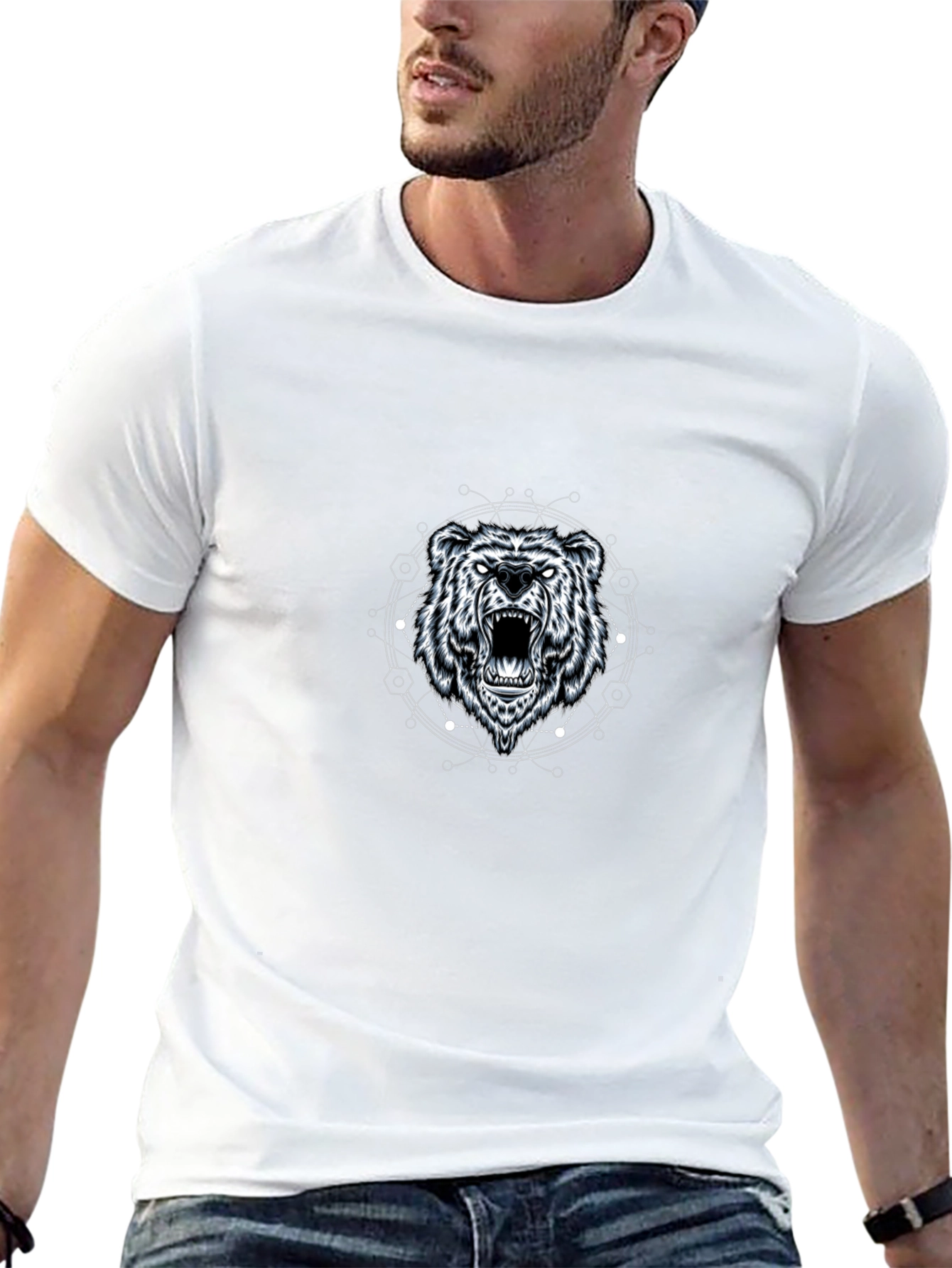 Geometric Bear Graphic Tee - Black Cotton Blend
