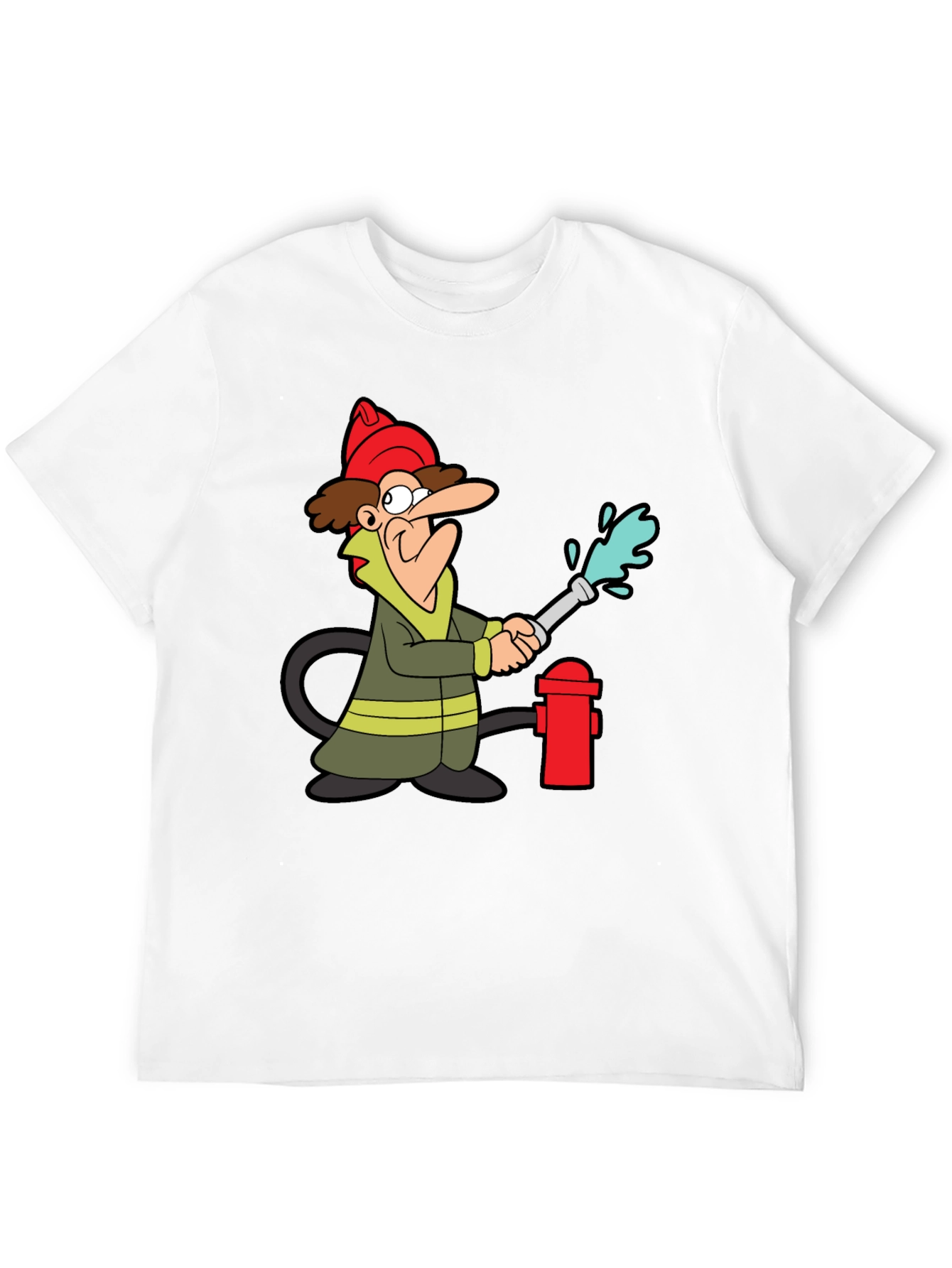 Cartoon Firefighter Graphic Tee - Black Cotton T-Shirt