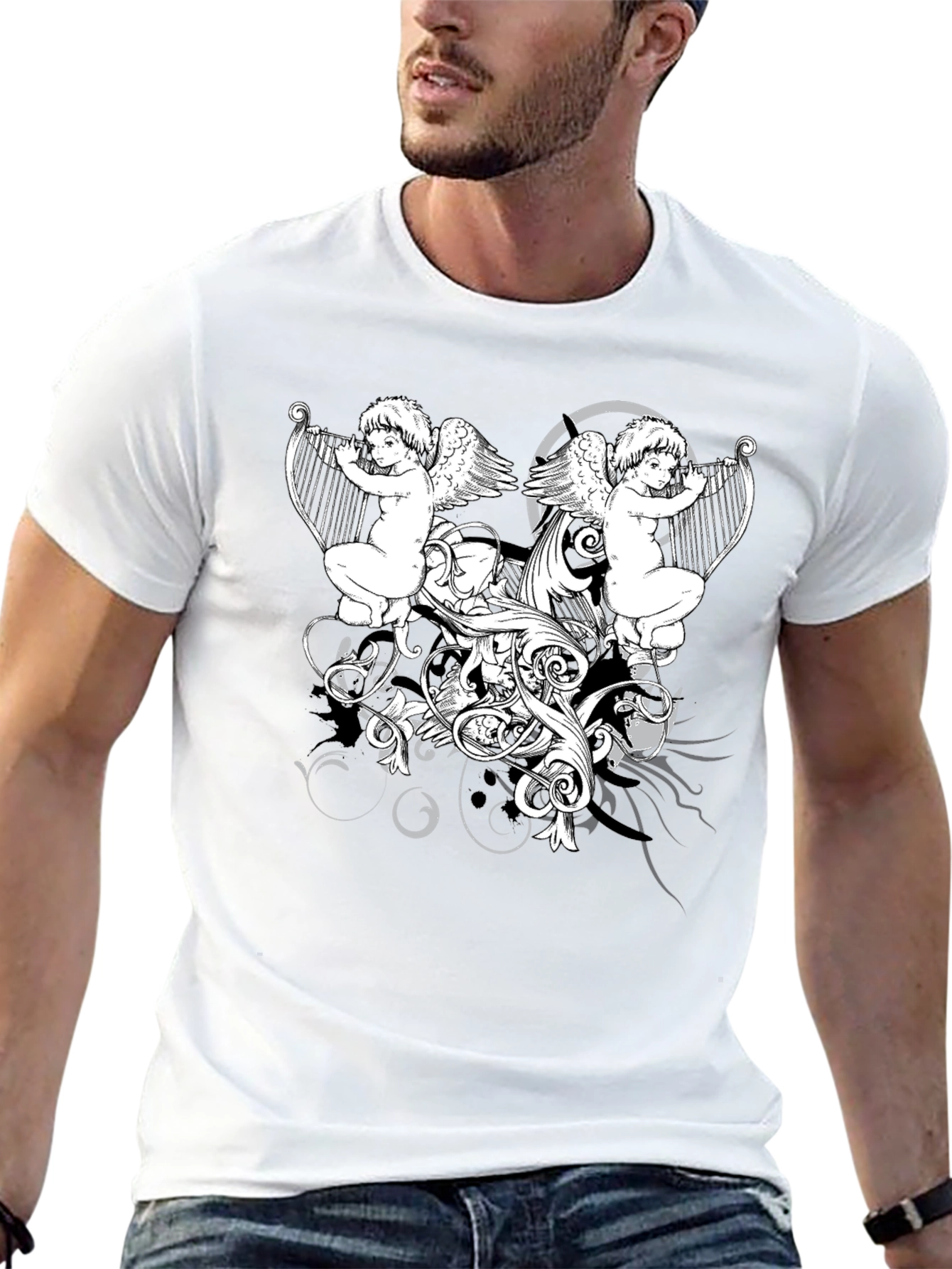 Angelic Harpist Graphic Tee - Black Cotton Comfort