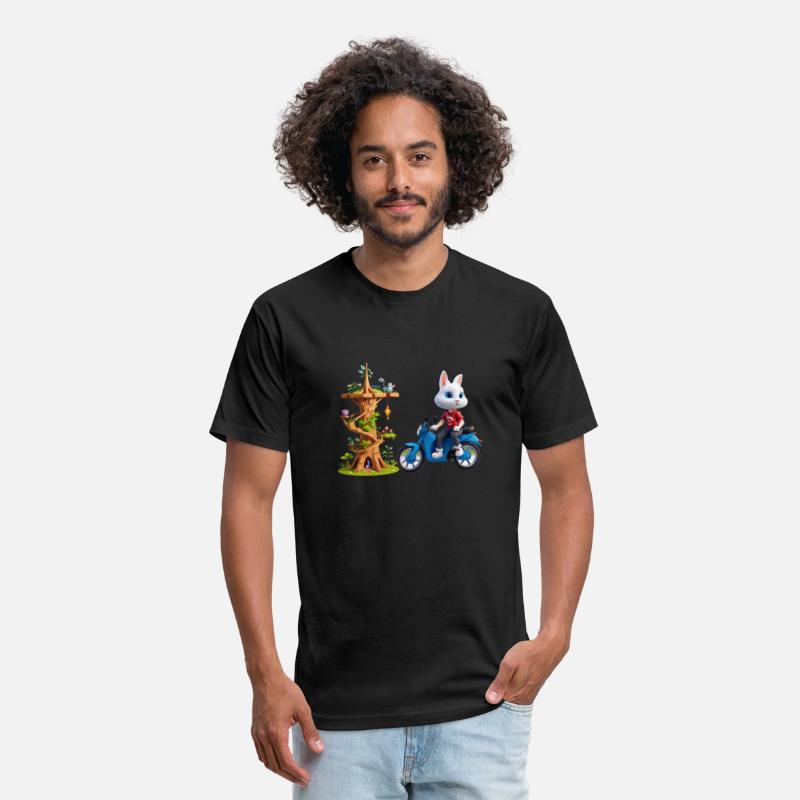 A rabbit on his bike next to the wooden tower