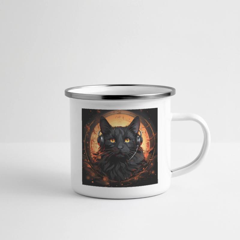 Black cat with earbuds listen to music