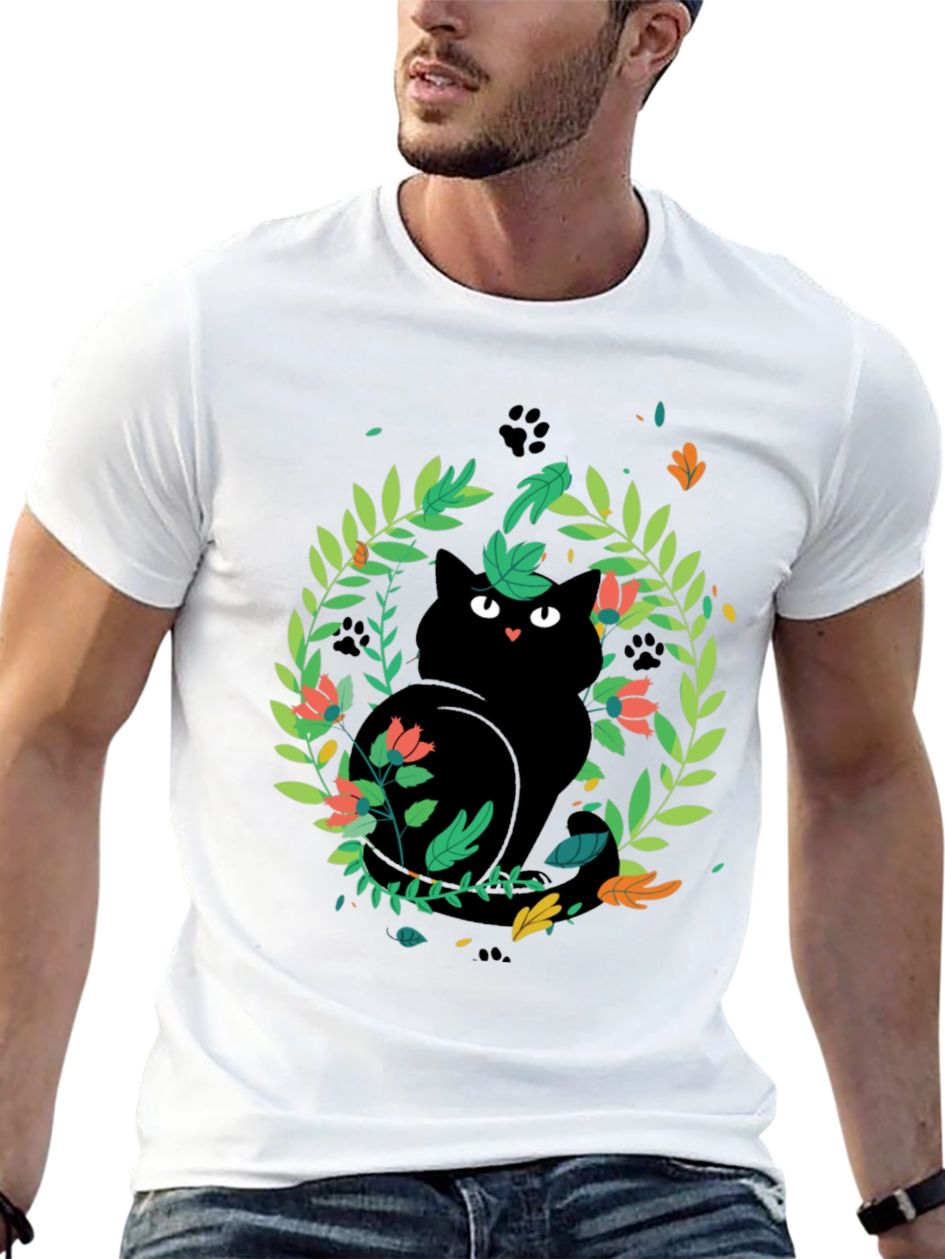 Black Cat Floral Wreath T-Shirt