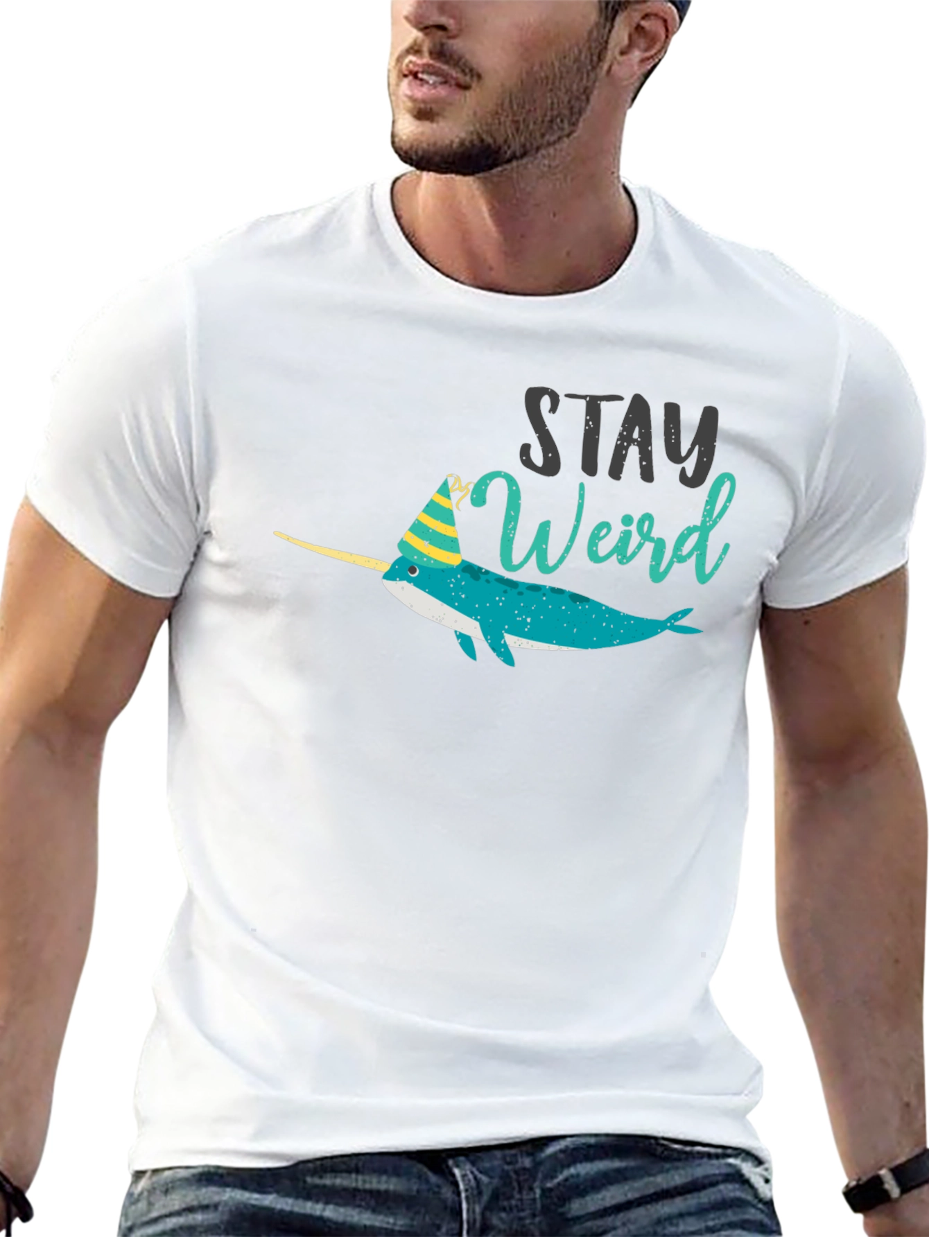 Stay Weird Narwhal T-Shirt - Black Crew Neck Tee