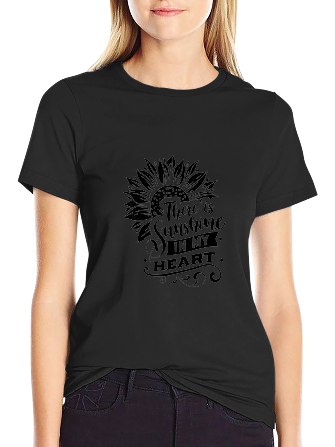 Sunflower Sunshine Heart Black T-Shirt