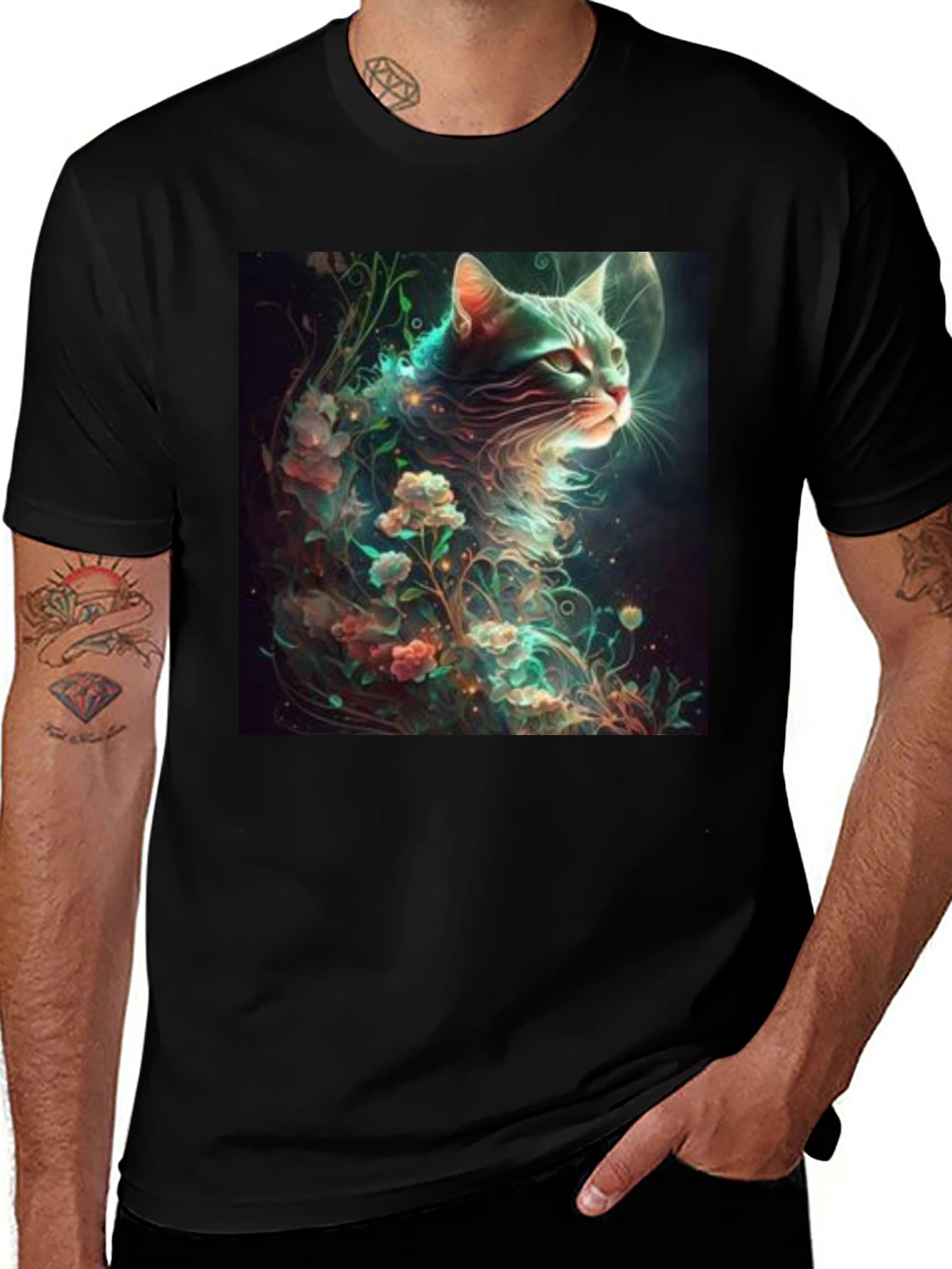 Mystical Cat T-Shirt - Black Cotton Blend
