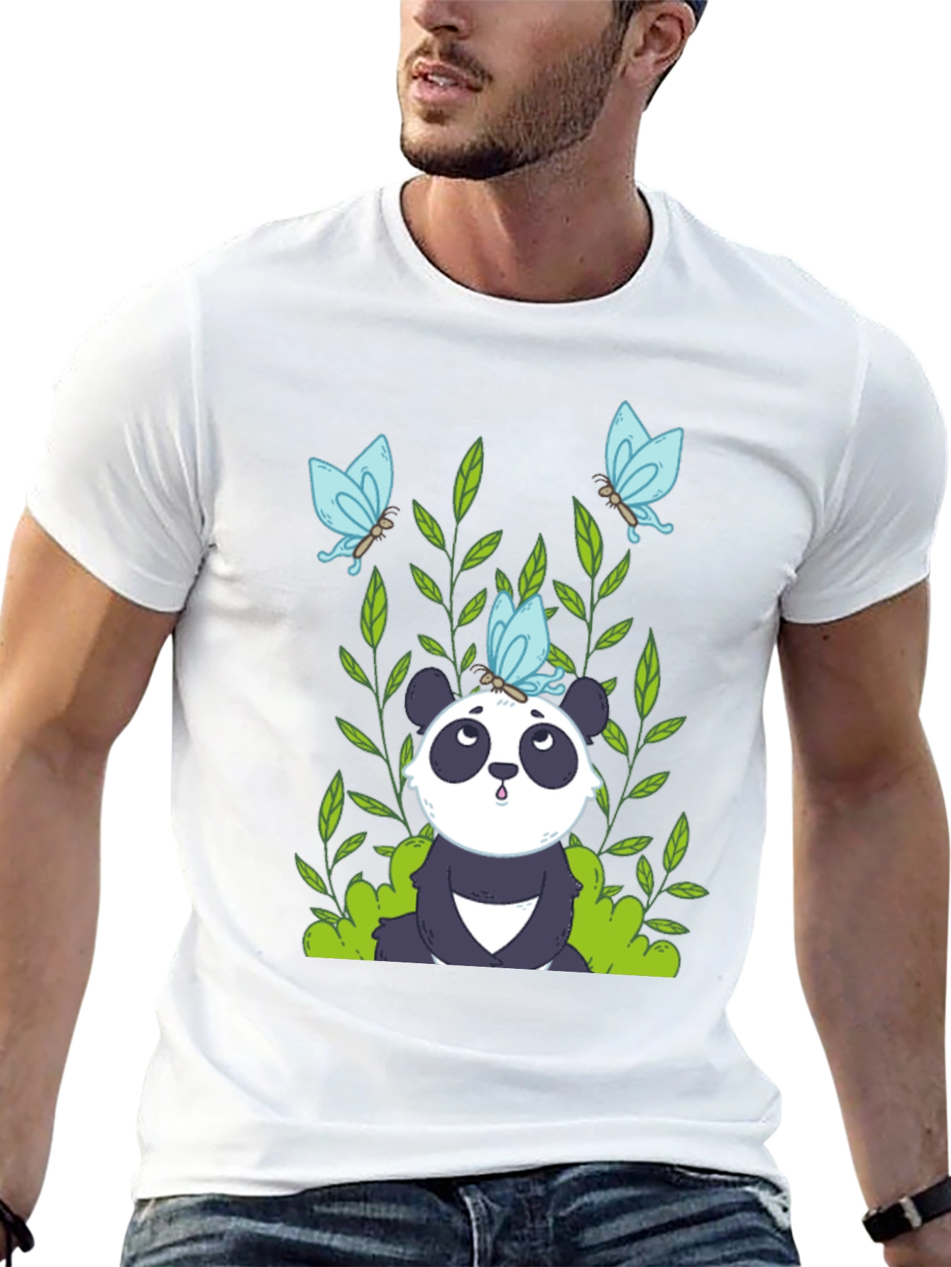 Panda and Butterflies Black T-Shirt