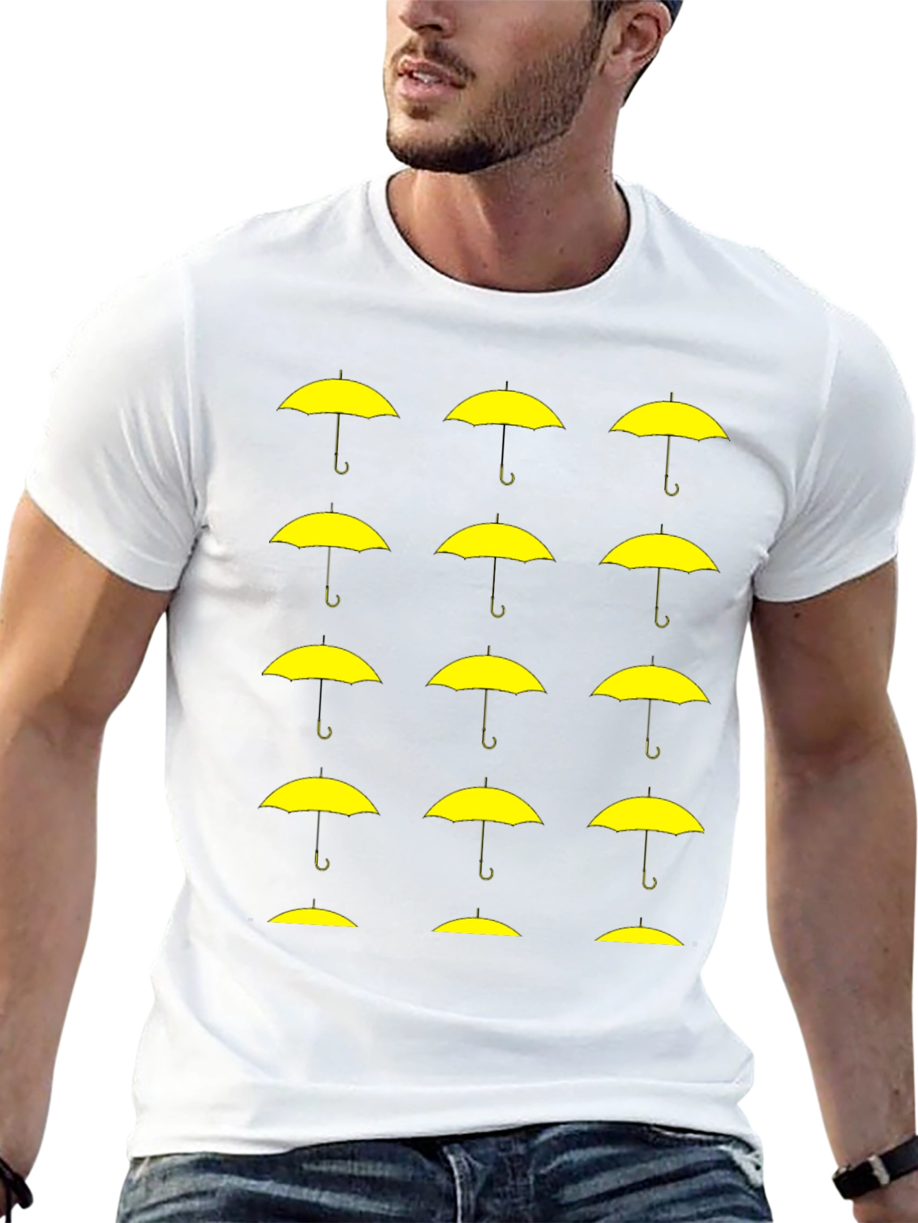 Black T-Shirt with Yellow Umbrella Graphic Pattern
