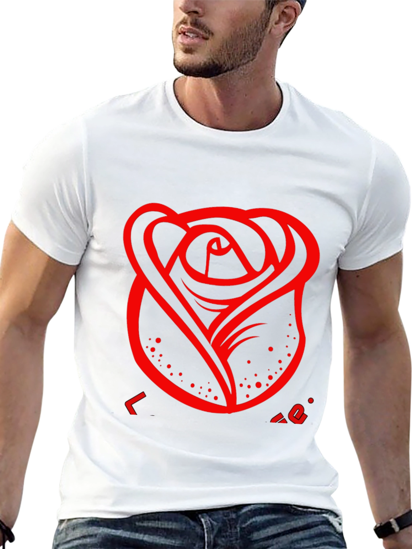 Mens Black T-Shirt with Red Rose Design
