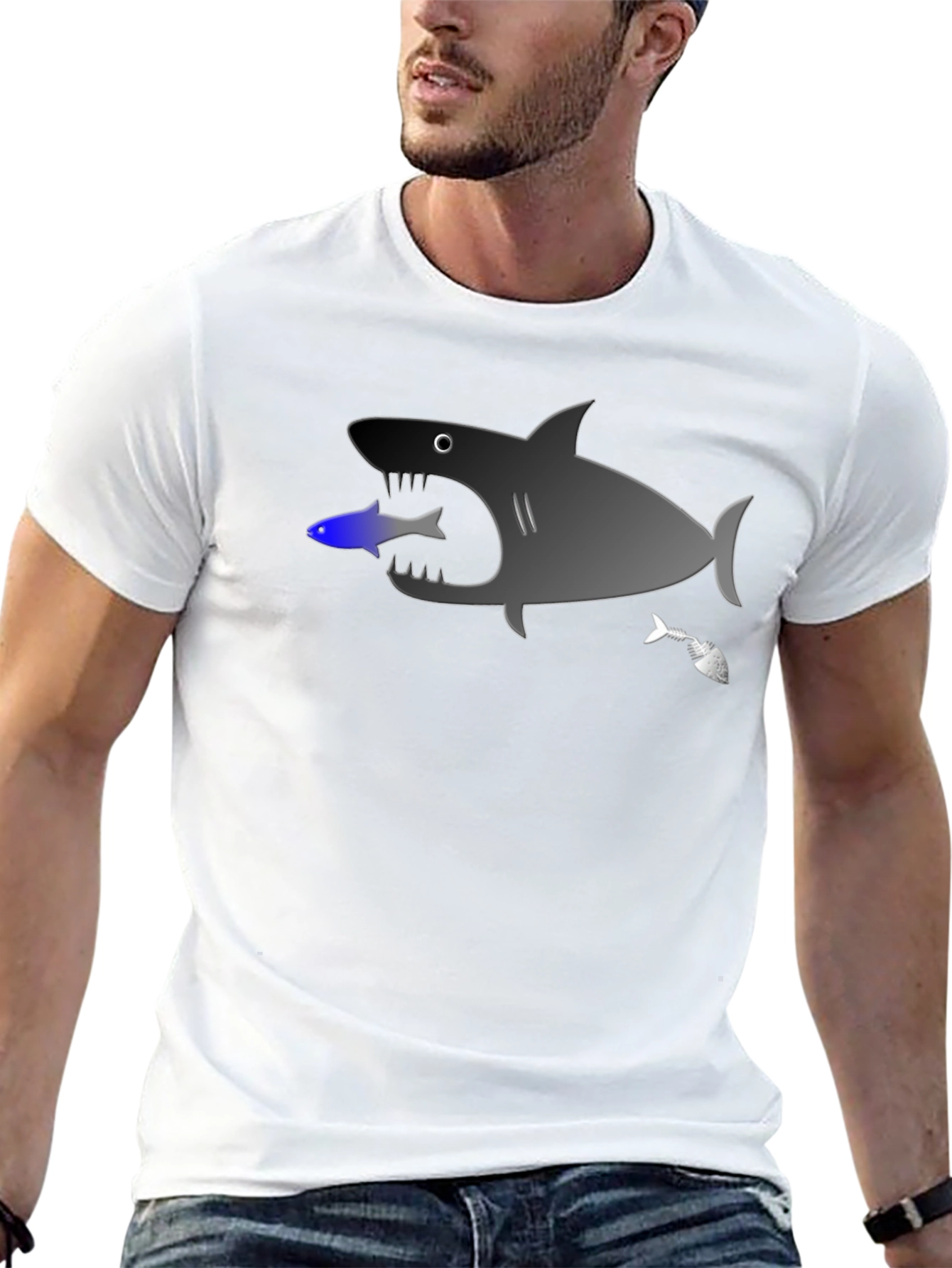Shark Eating Fish Graphic Tee - Black Cotton T-Shirt