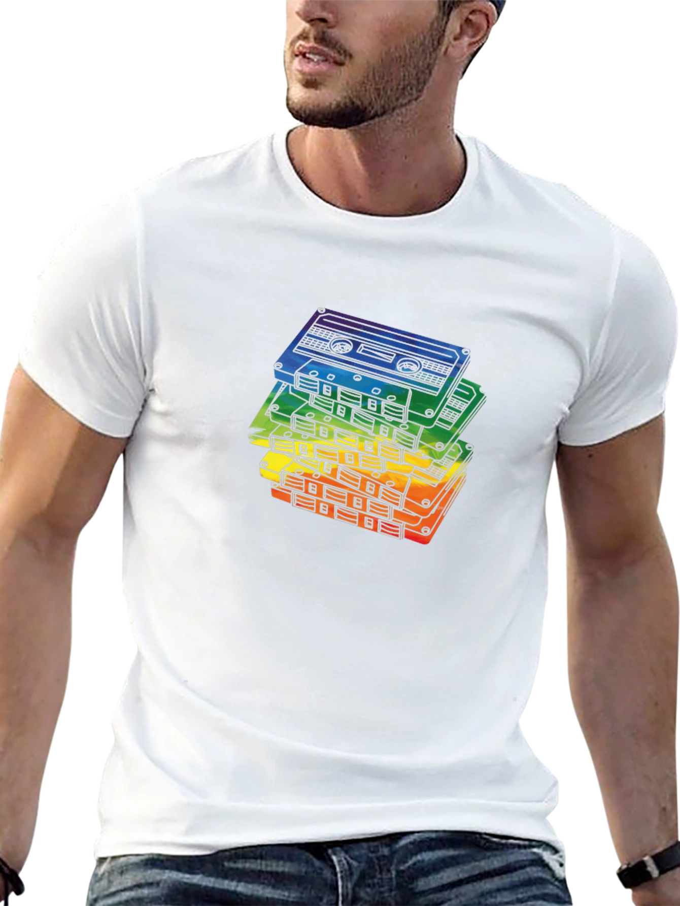 Retro Rainbow Cassette Tapes Black T-Shirt