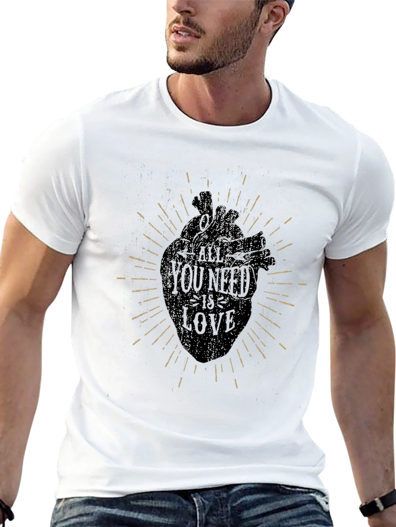 Heart Print Graphic Tee - Distressed Style