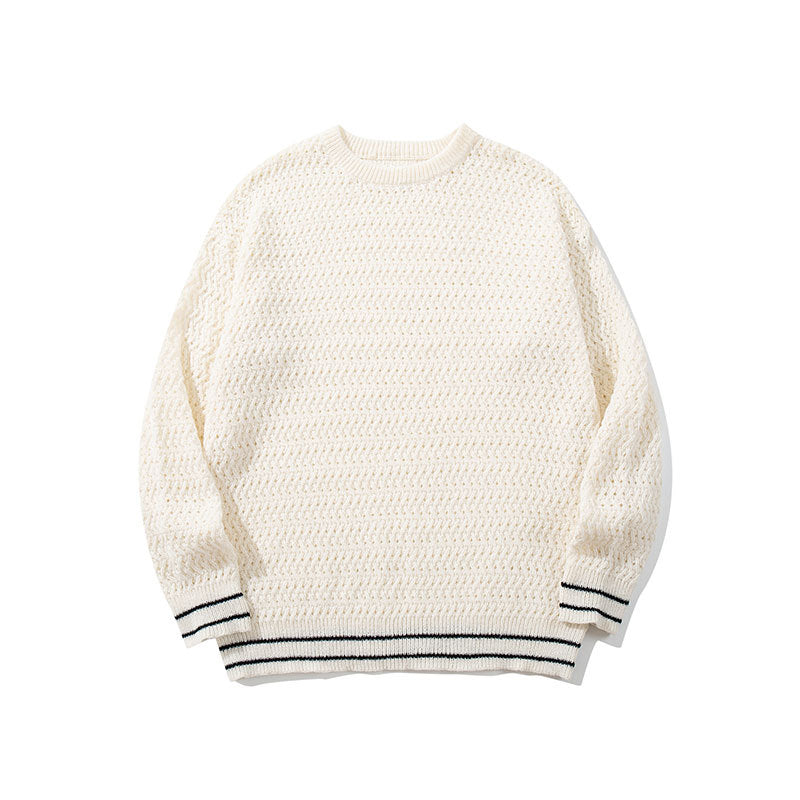 Style Solid Color Round Neck Hollow Knit Sweater Unisex Long Sleeve Loose Fit Casual Pullover