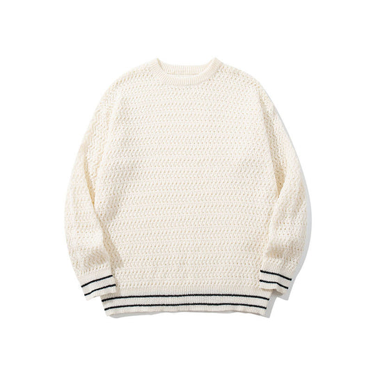 Style Solid Color Round Neck Hollow Knit Sweater Unisex Long Sleeve Loose Fit Casual Pullover
