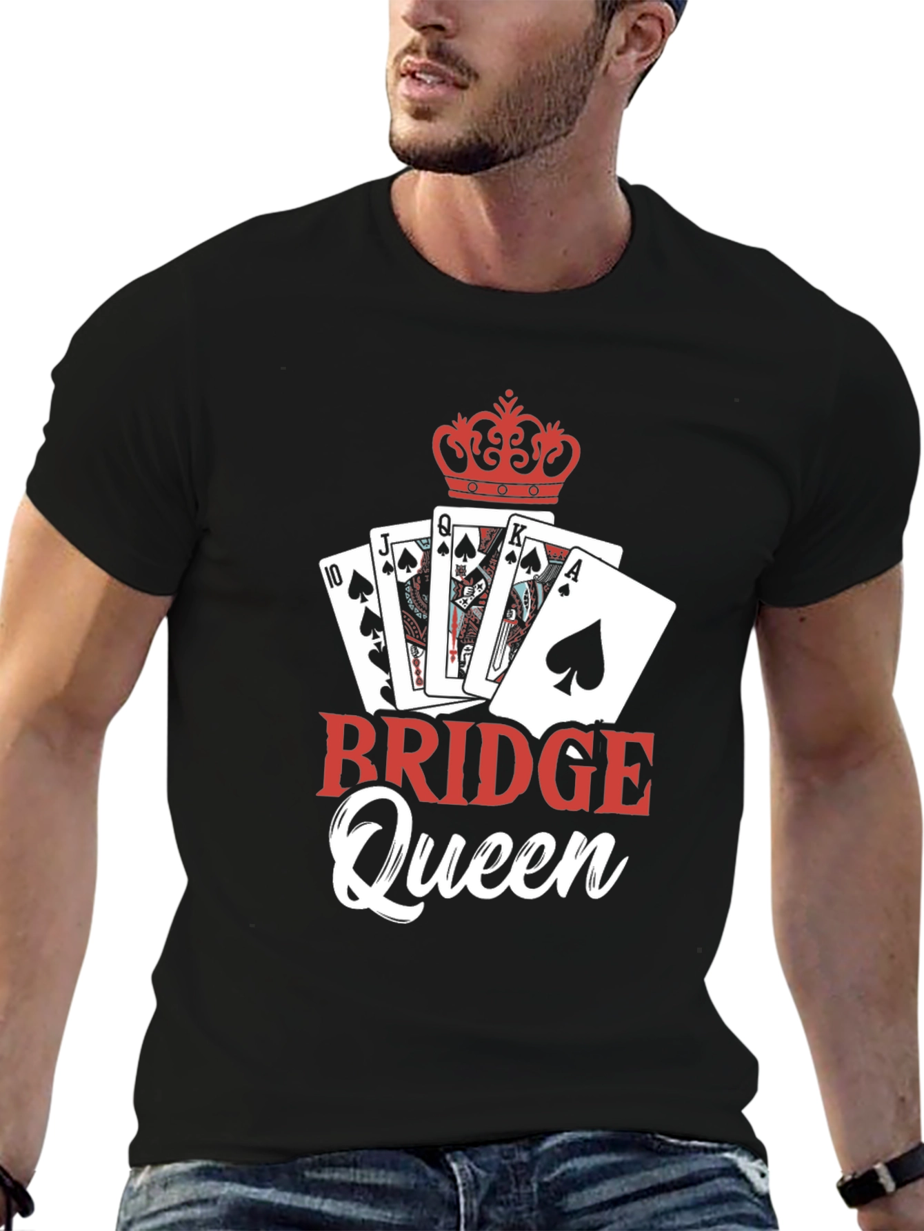 Bridge Queen T-Shirt: Playing Cards & Crown Design