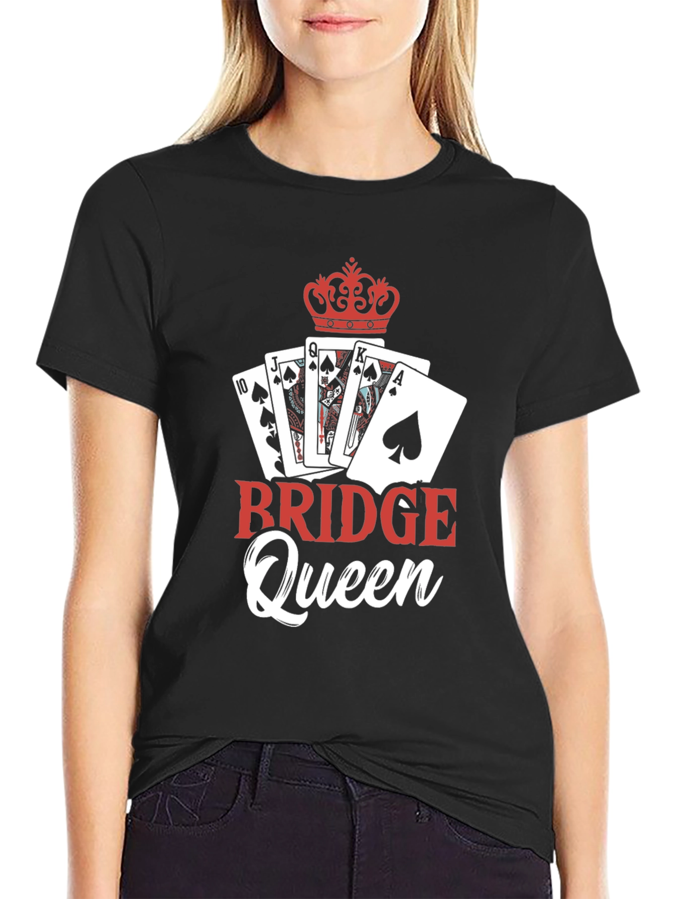 Bridge Queen T-Shirt: Playing Cards & Crown Design