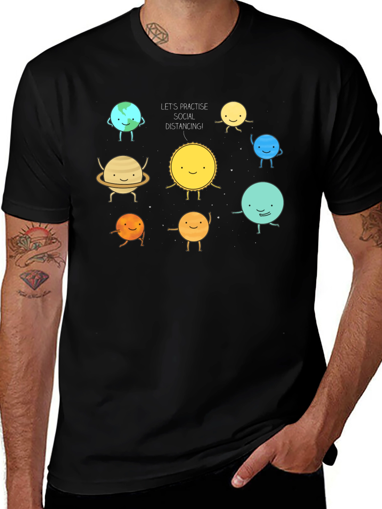 Social Distancing Planets Graphic Black T-Shirt