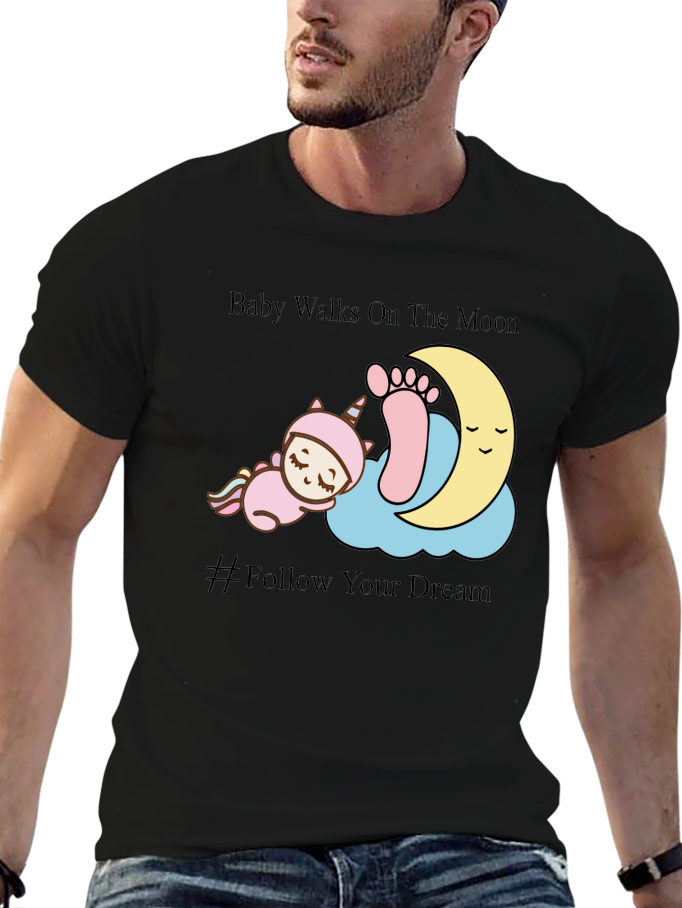 Baby Walks on The Moon Black Graphic Tee