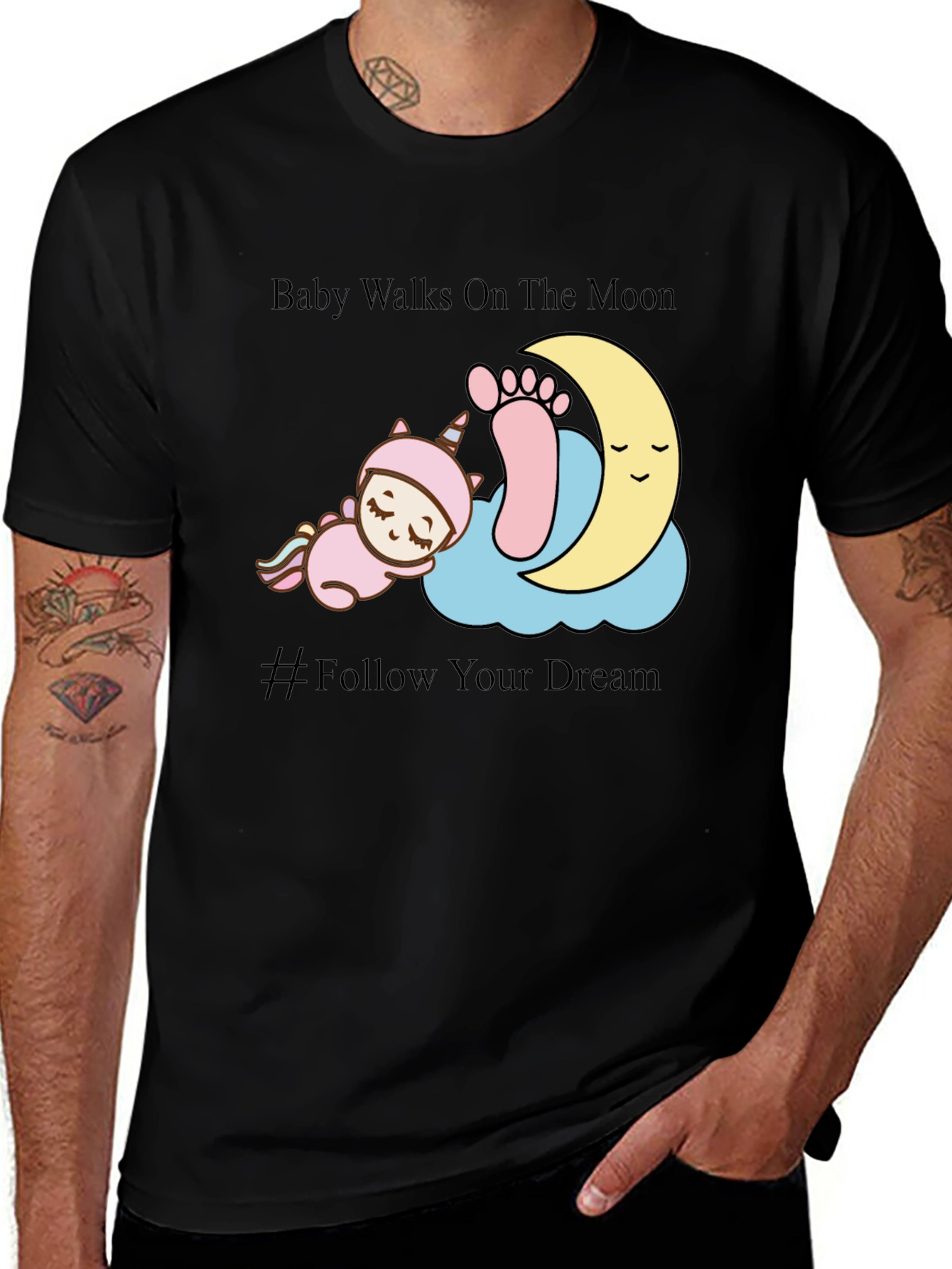 Baby Walks on The Moon Black Graphic Tee