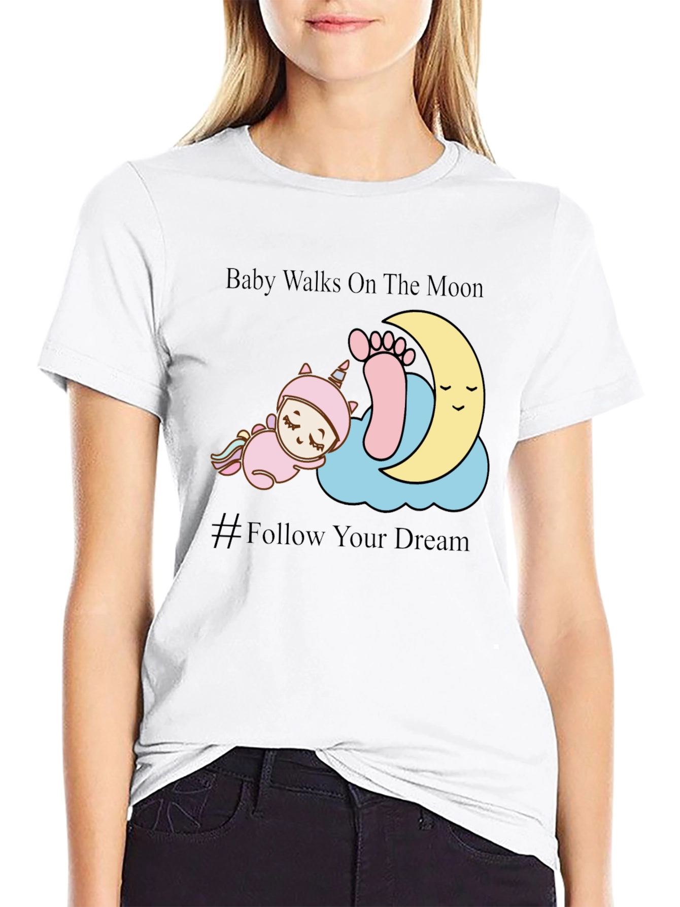 Baby Walks on The Moon Black Graphic Tee