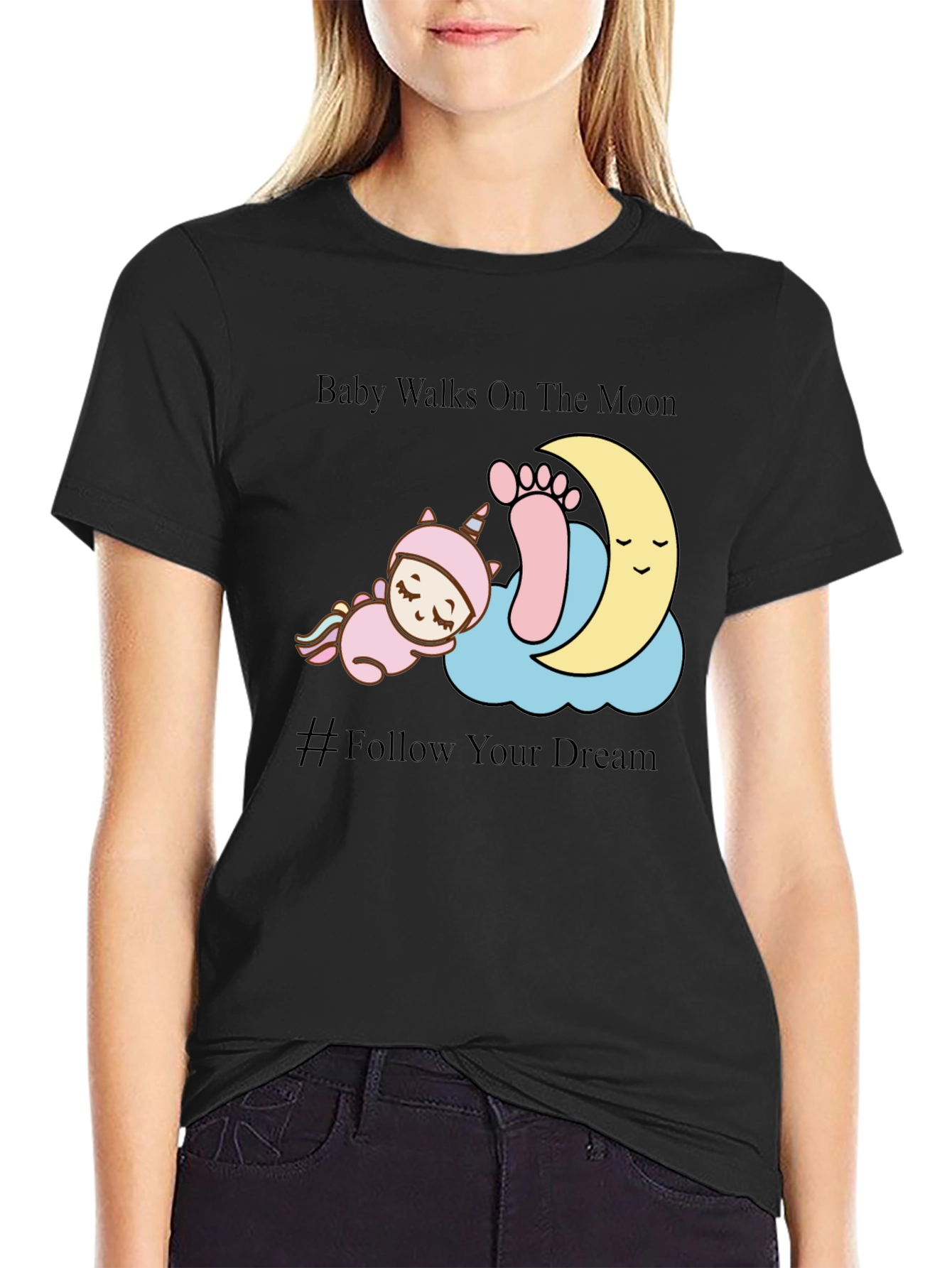 Baby Walks on The Moon Black Graphic Tee