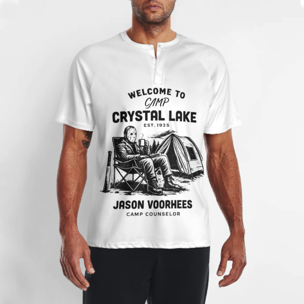 Camp Crystal Lake Jason Voorhees Horror Graphic T-Shirt – Retro Slasher Camping Tee for Horror Fans(z362)
