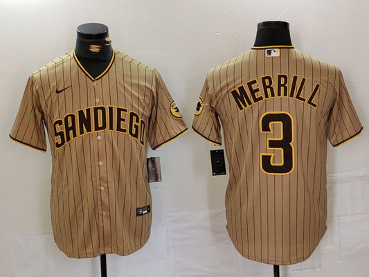 Men's San Diego Padres Jackson Merrill #3 Tan Replica Player Jerseys