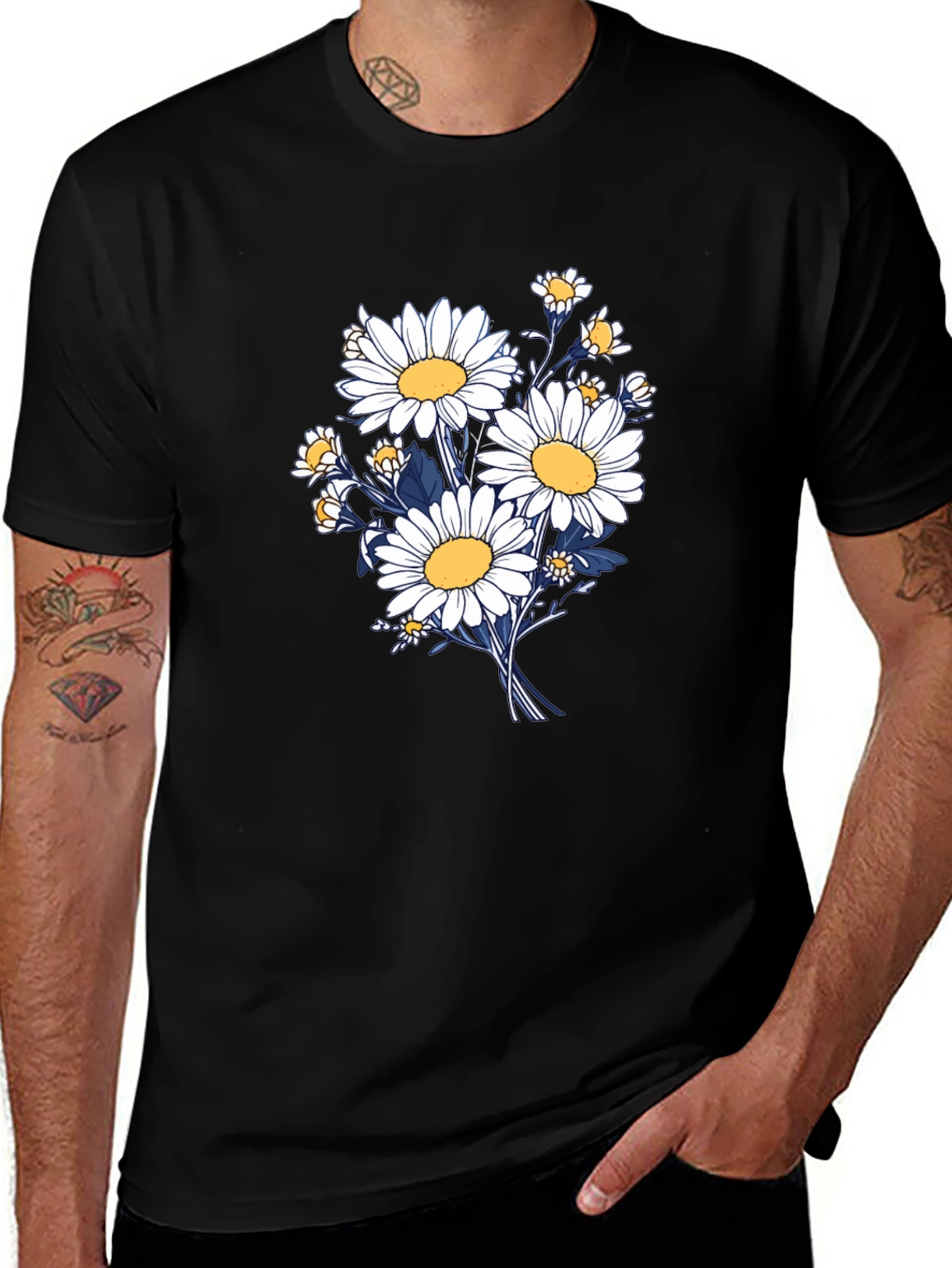 Daisy Bouquet Graphic Tee - Black Cotton Comfort