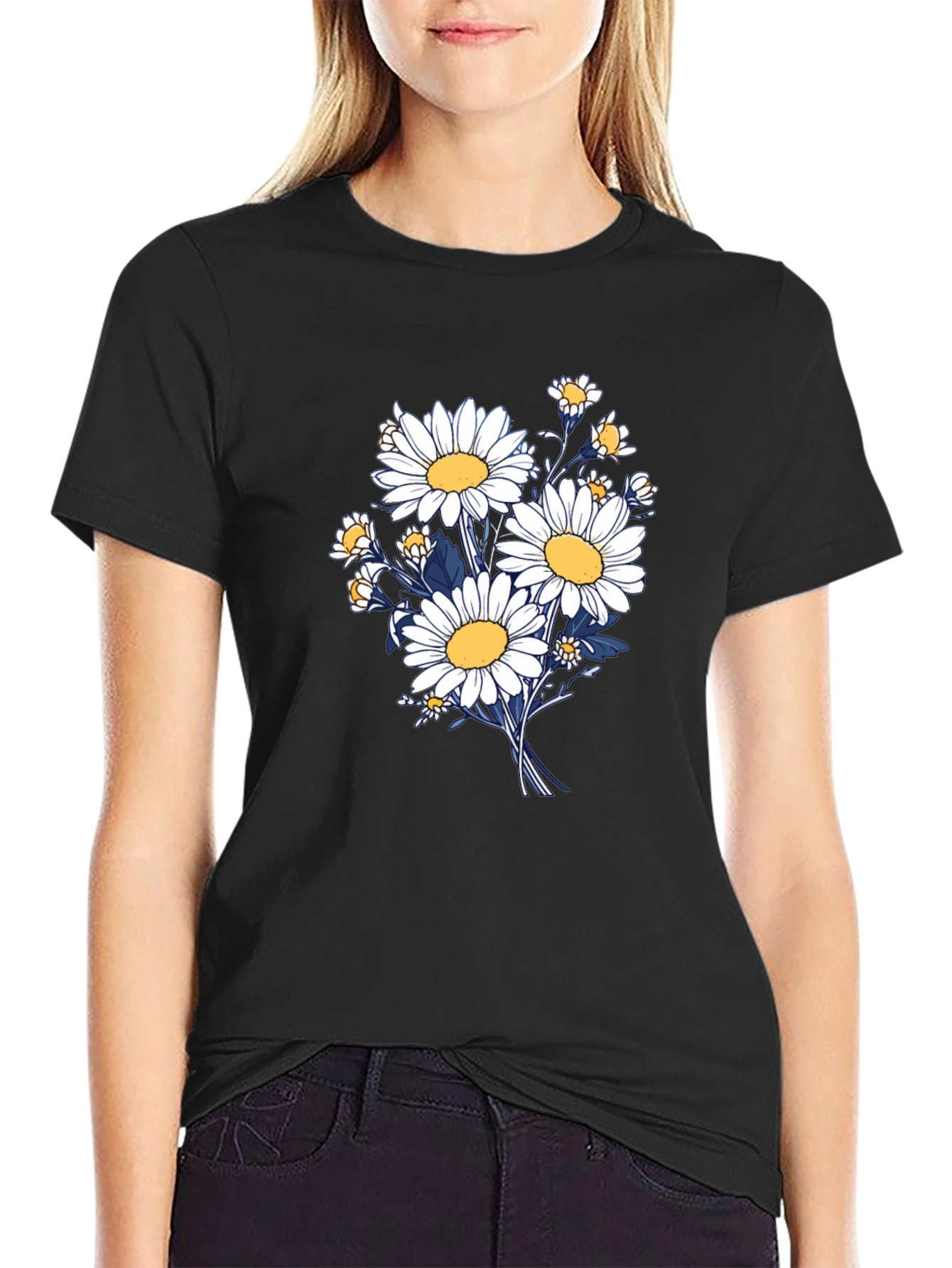 Daisy Bouquet Graphic Tee - Black Cotton Comfort