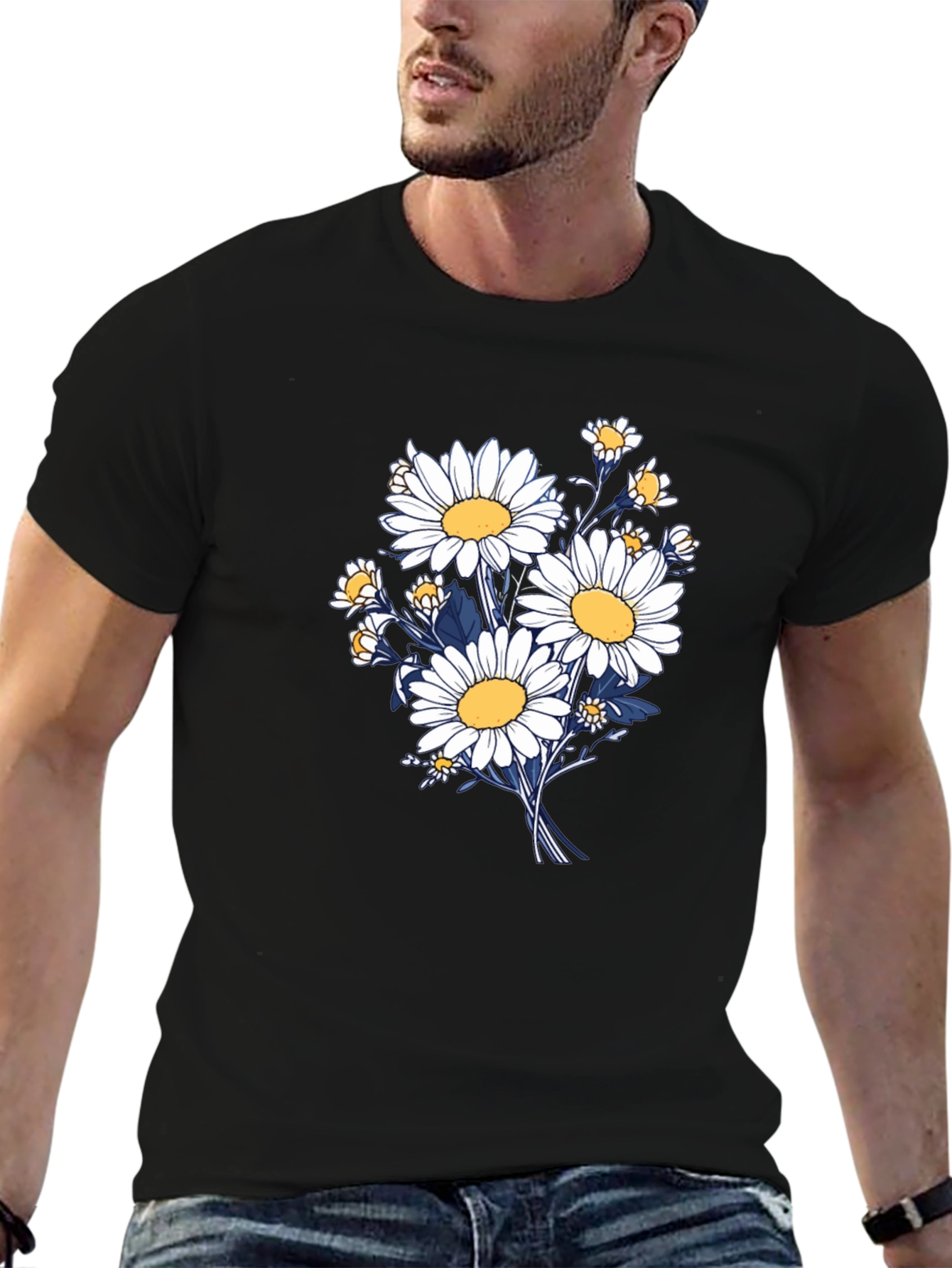 Daisy Bouquet Graphic Tee - Black Cotton Comfort