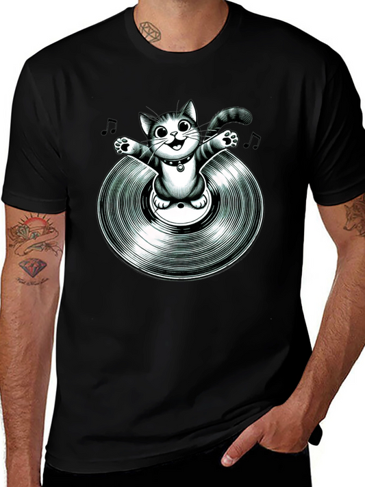 Cool Cat on Vinyl Record Graphic T-Shirt
