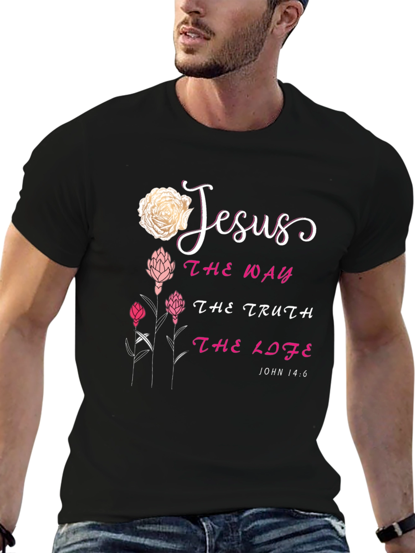 Jesus The Way Truth Life Floral Black T-Shirt