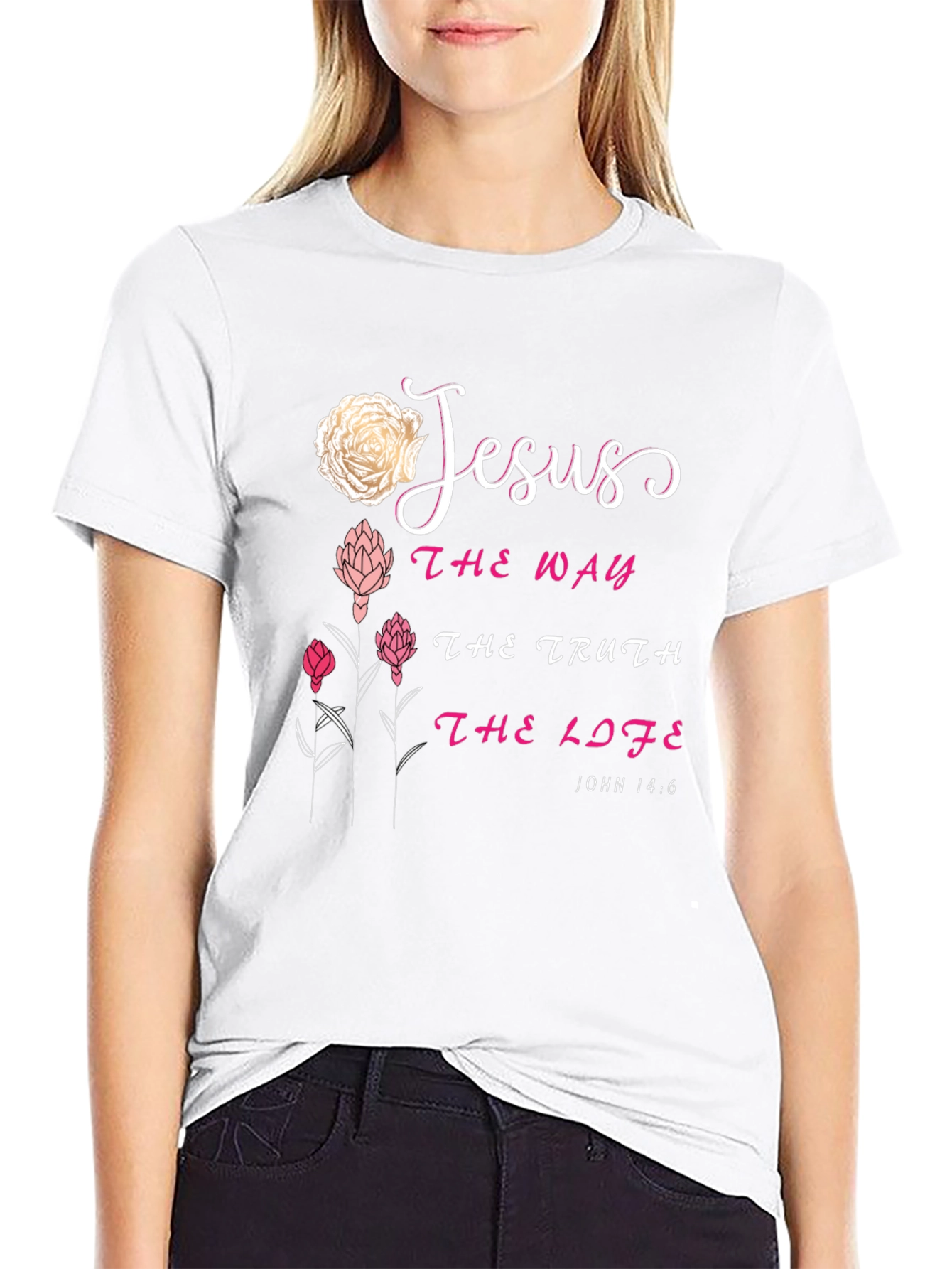 Jesus The Way Truth Life Floral Black T-Shirt