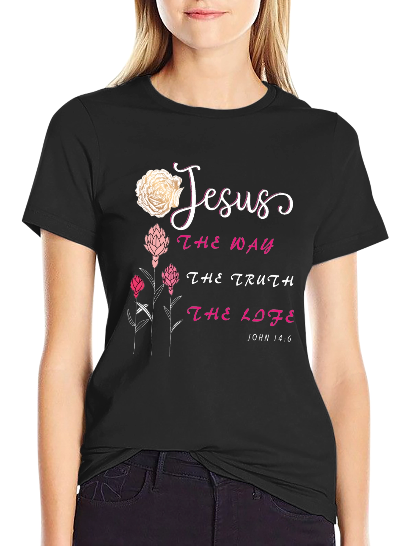 Jesus The Way Truth Life Floral Black T-Shirt