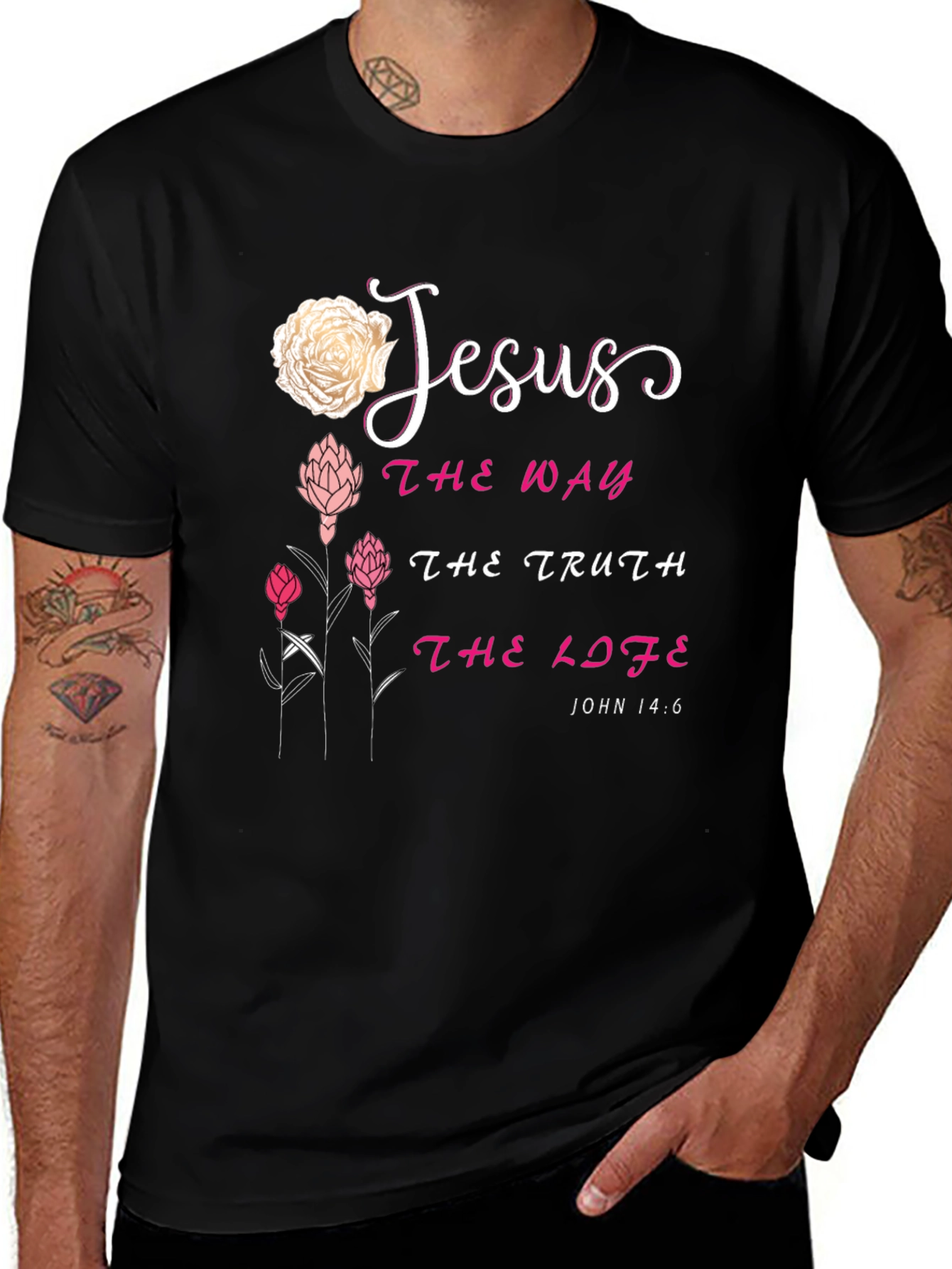 Jesus The Way Truth Life Floral Black T-Shirt