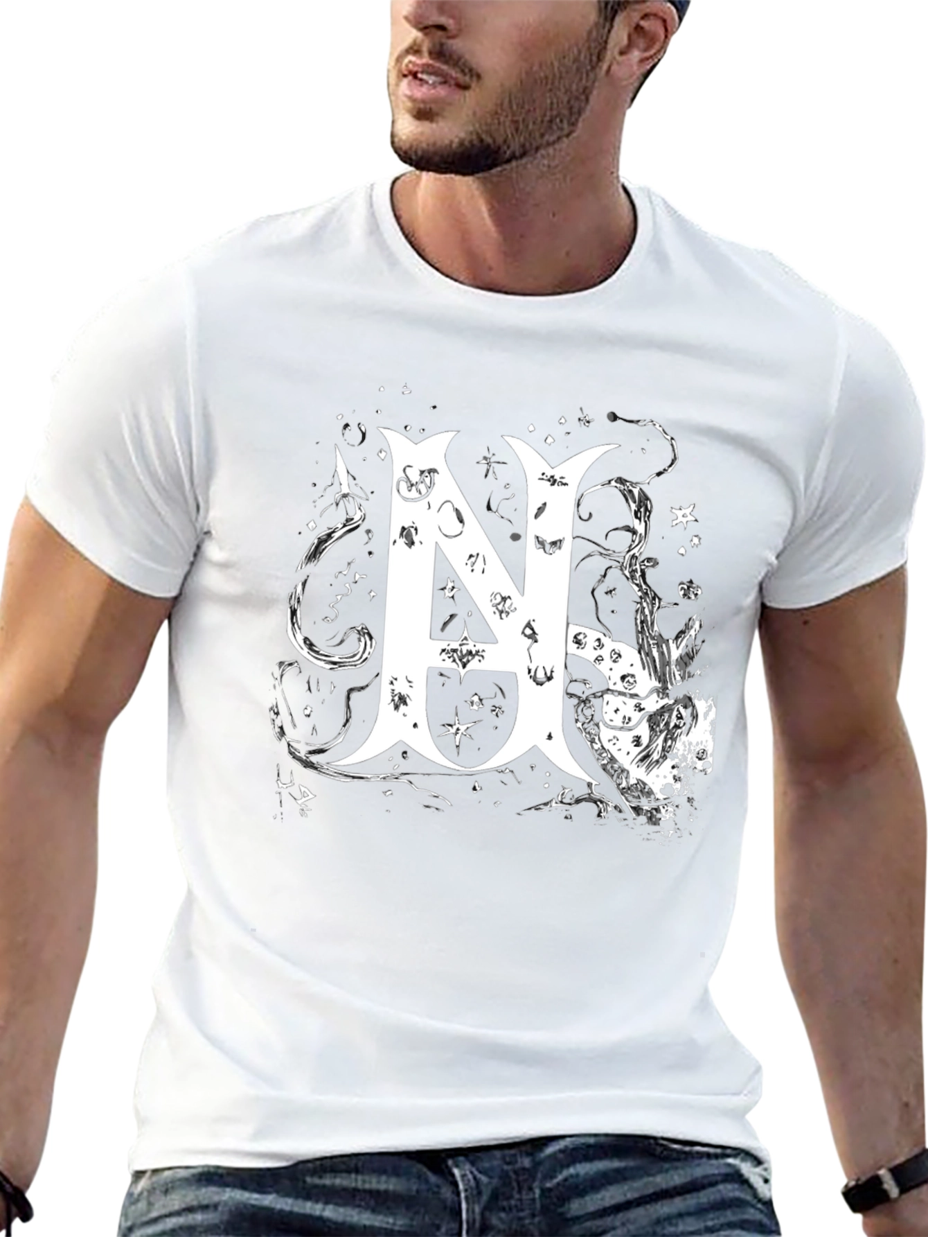 Black Tee with White Abstract Letter N Design