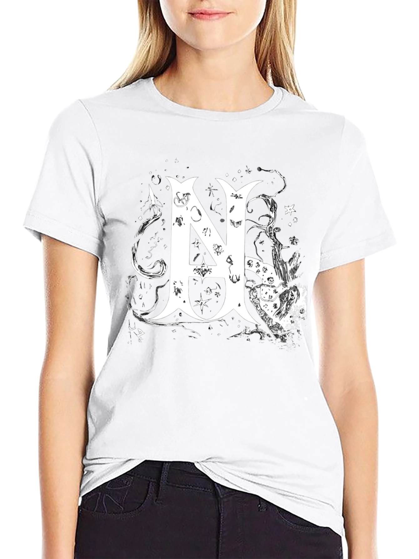 Black Tee with White Abstract Letter N Design