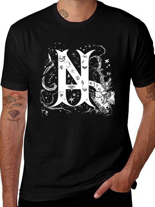 Black Tee with White Abstract Letter N Design